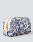 blue cosmetic pouch with white flower pattern