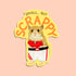 On a peachy background is a light yellow sticker with an illustration of a hamster suited up in boxing gear along with text above it that reads, "Small, but Scrappy".