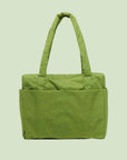 A green puffer carry on tote bag. 