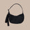 A small crescent shaped nylon shoulder bag with an adjustable strap to make it crossbody.