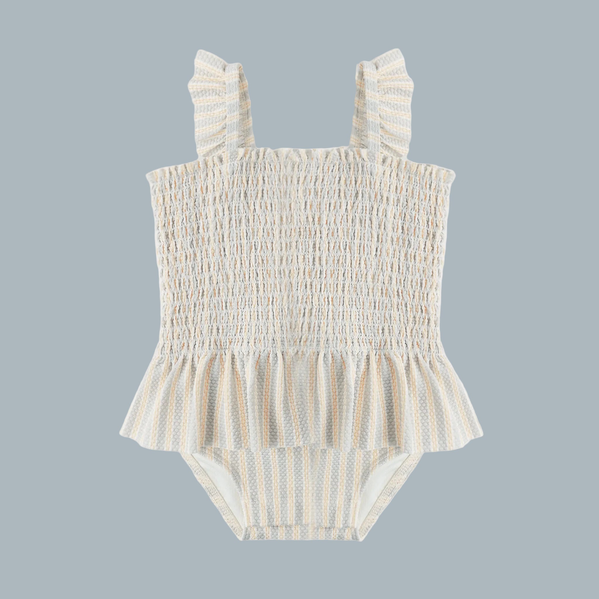 A cream and light blue striped ruffle swim suit for kids.