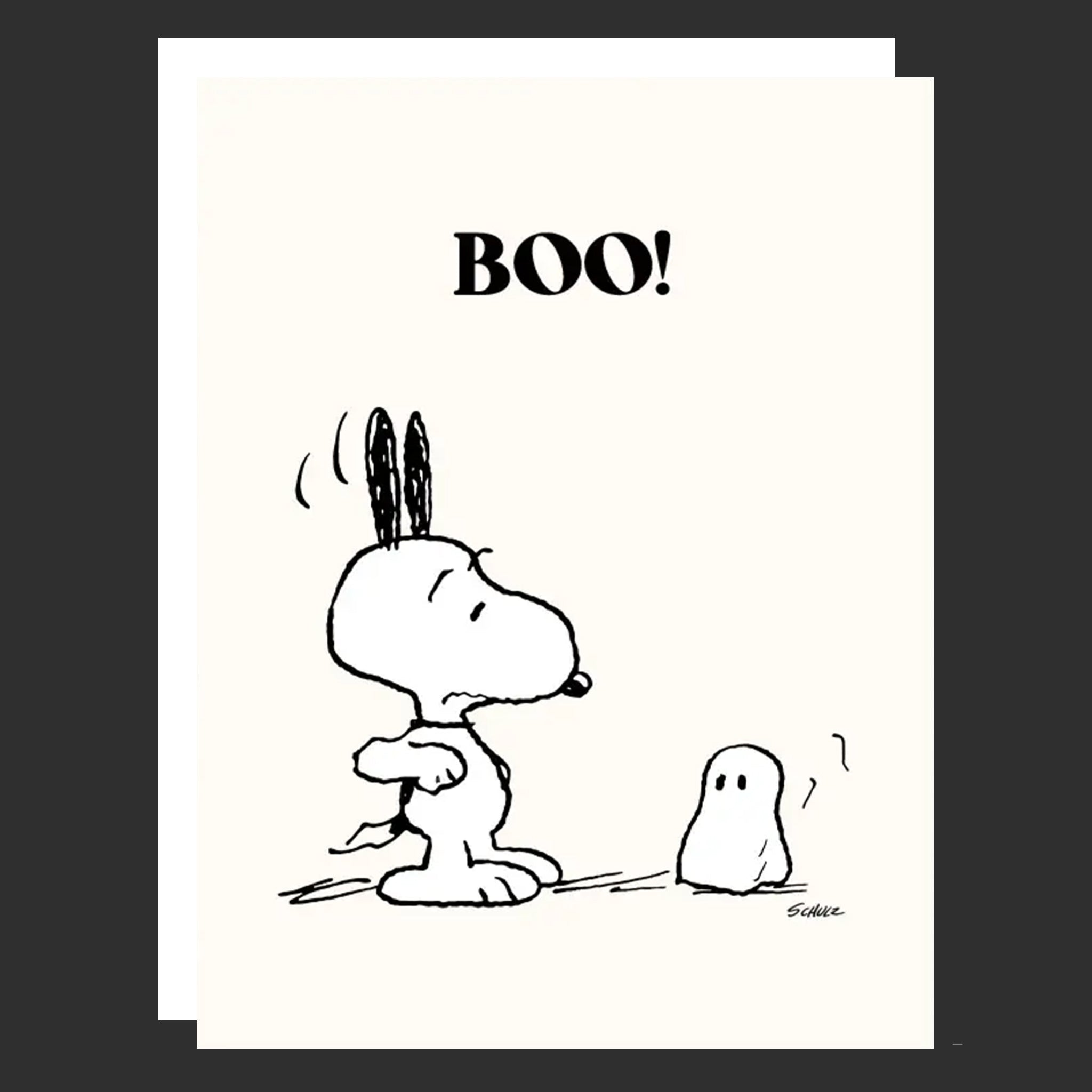 White greeting card with Snoopy and a little ghost, the card reads "Boo!". 