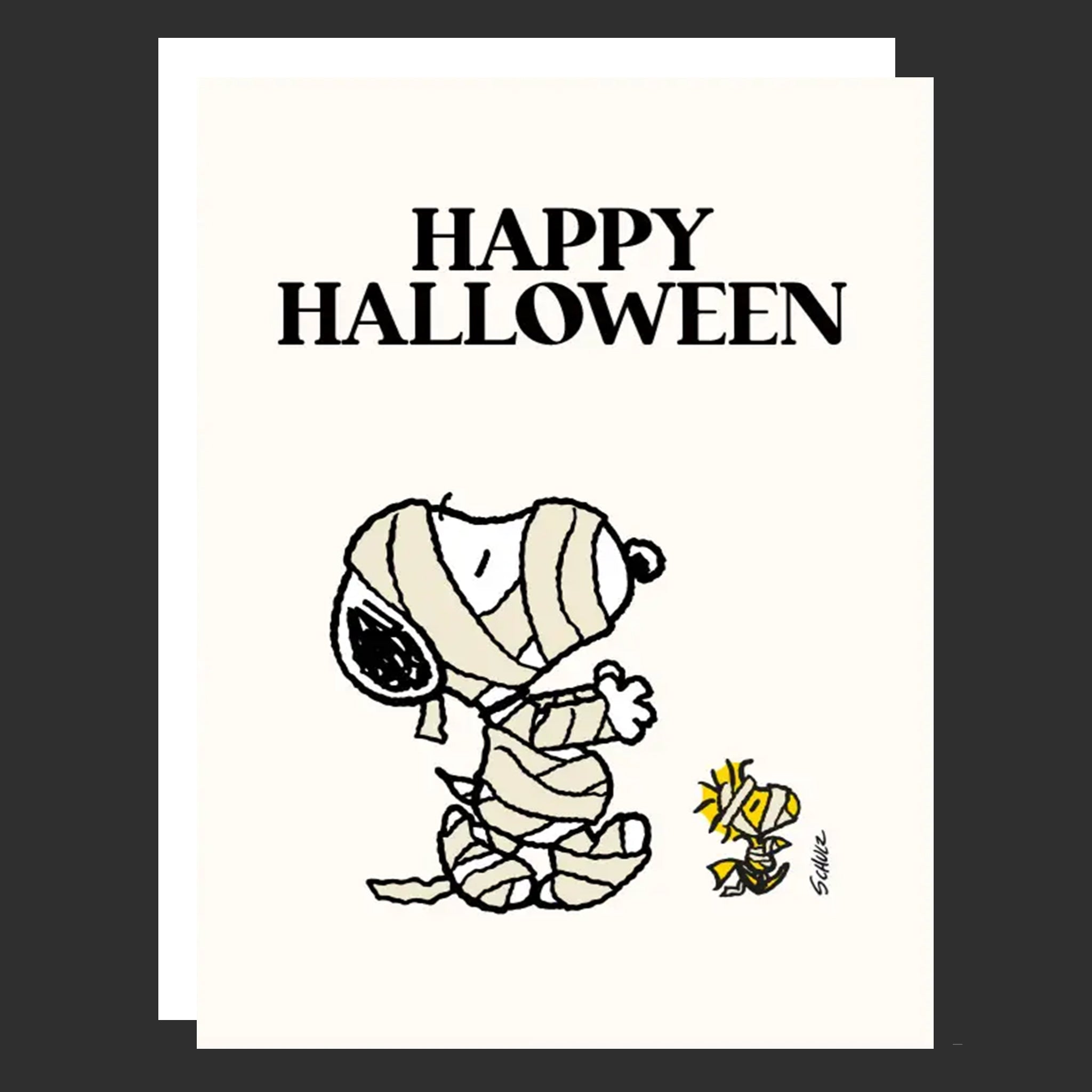 White greeting card with Snoopy dressed as a mummy and Woodstock as a mummy, the card reads "Happy Halloween". 