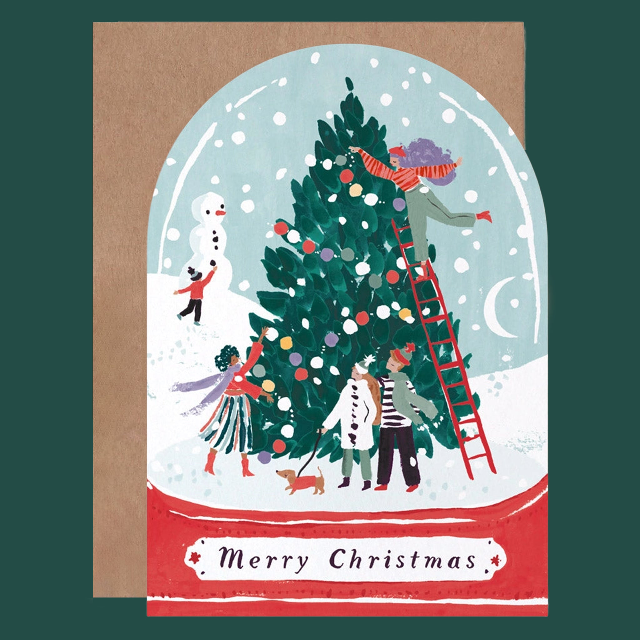 Snowglobe shaped greeting card, with a Christmas tree and people decorating the tree, and participating in holiday activities. The card reads "Merry Christmas". 
