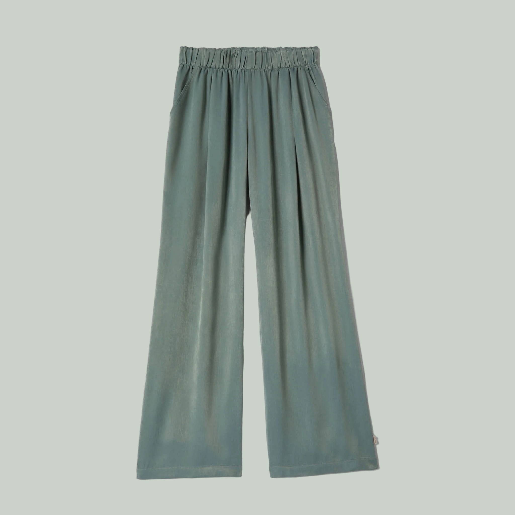 A pair a silky bluish green pair of pants. 