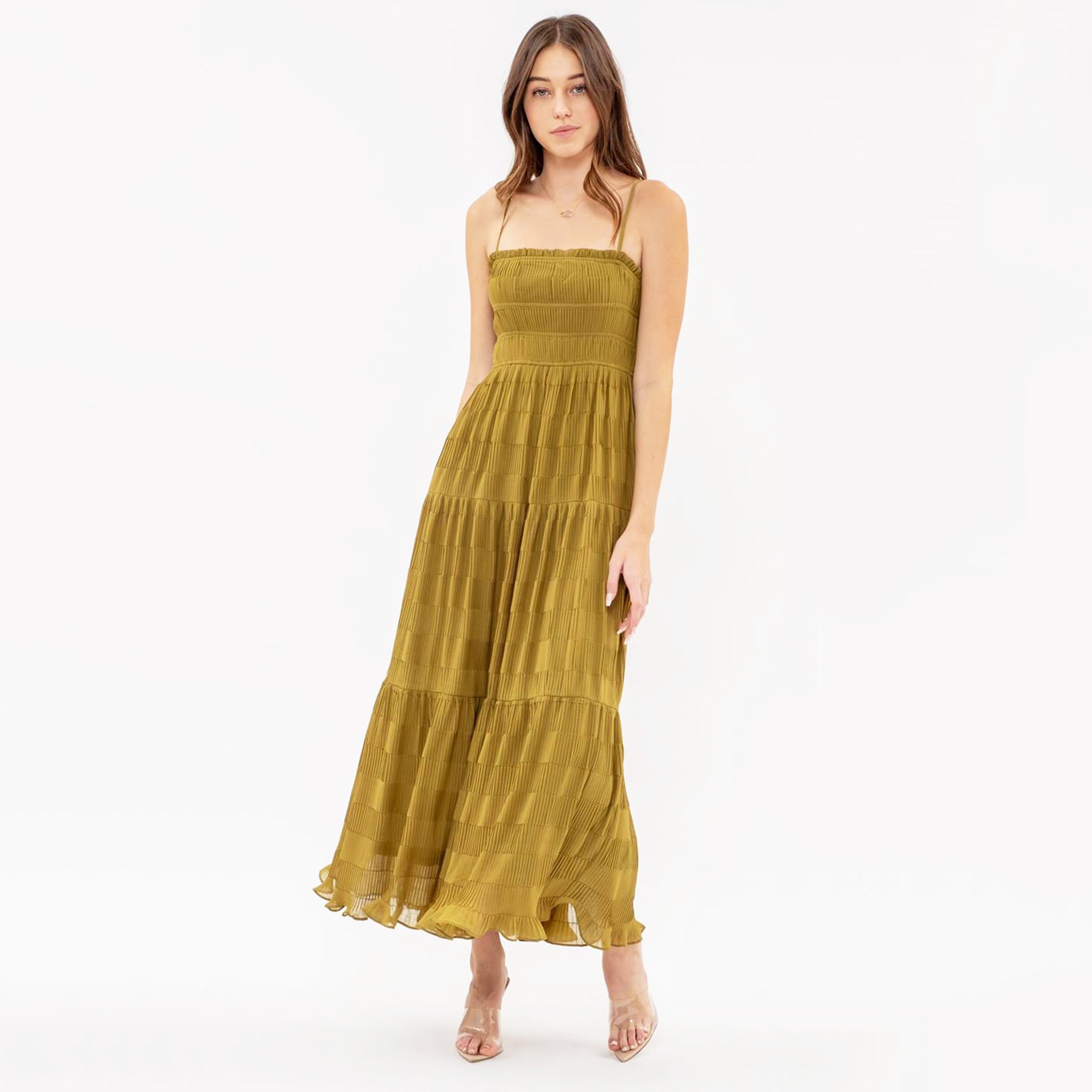 An olive green tiered midi dress with spaghetti straps.  