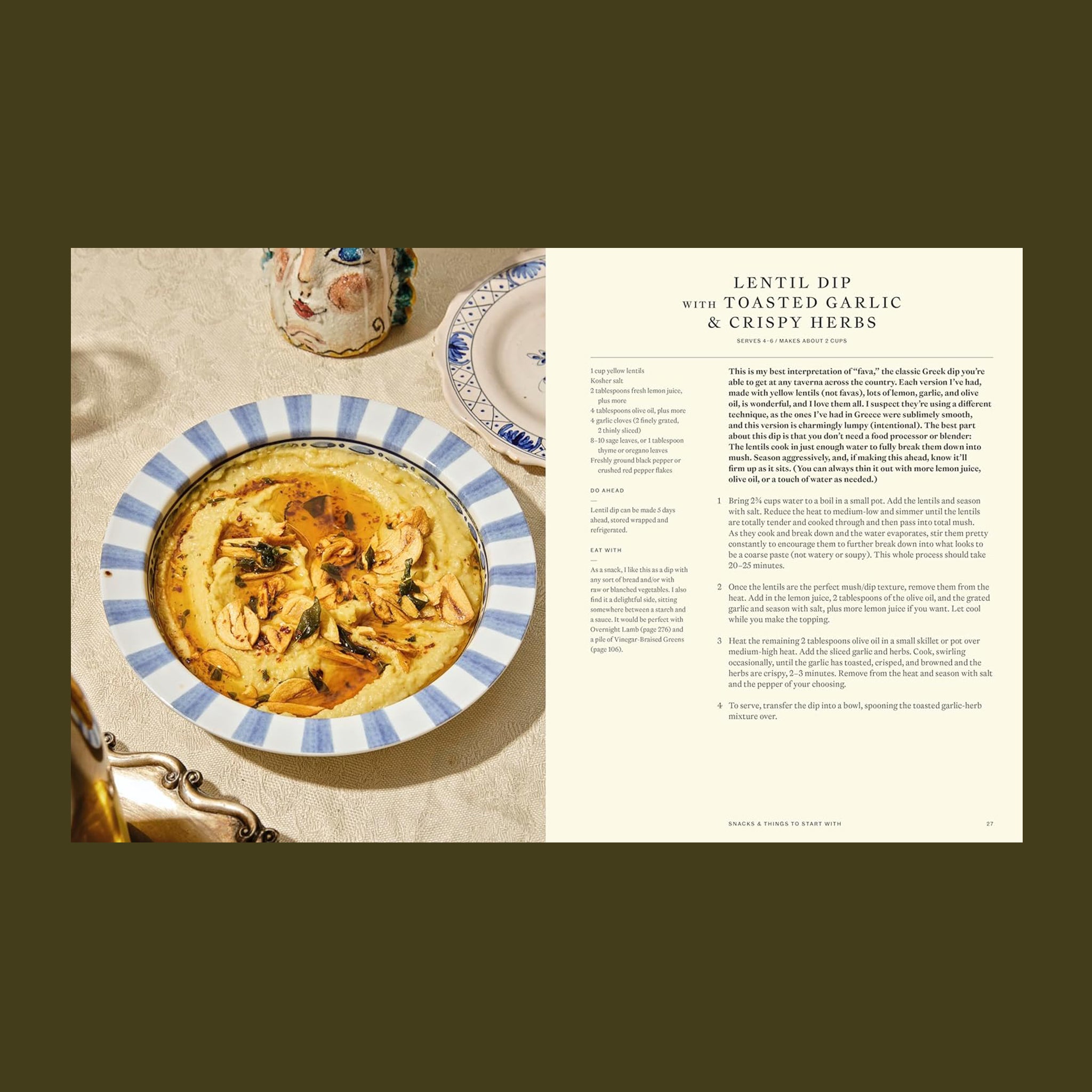 A peek inside the book with a recipe and story on one side and a photo of the herb dip on the other. 