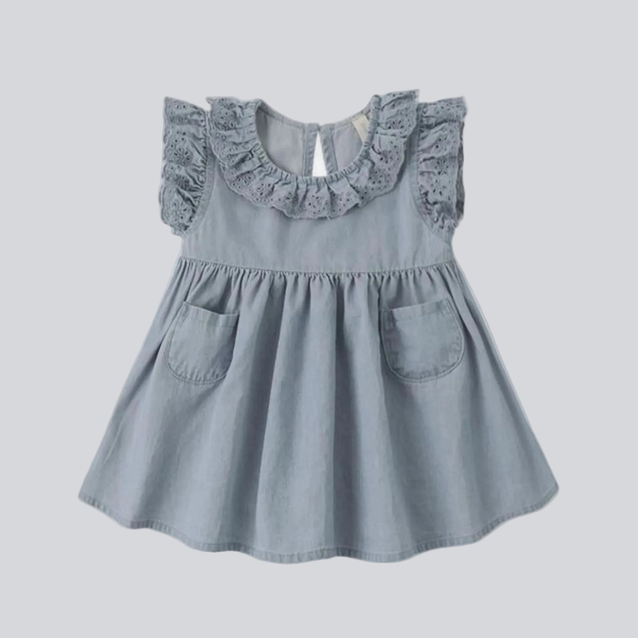 A denim blue colored ruffle dress for babies and kids. 
