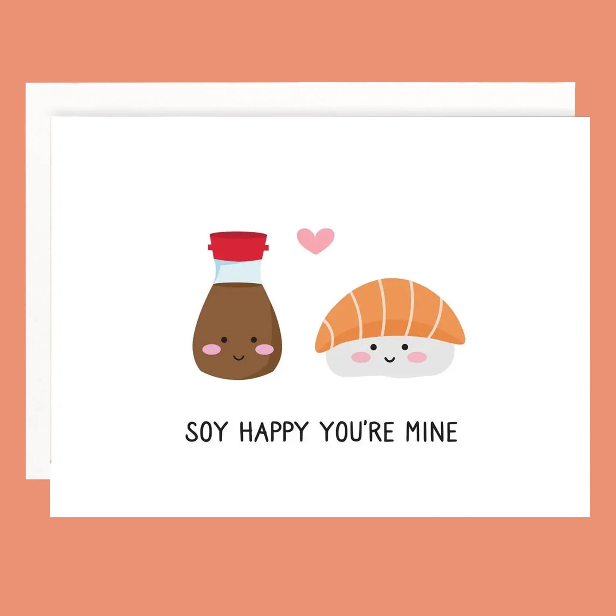 Card with cartoon soy sauce and sushi characters on a peach background