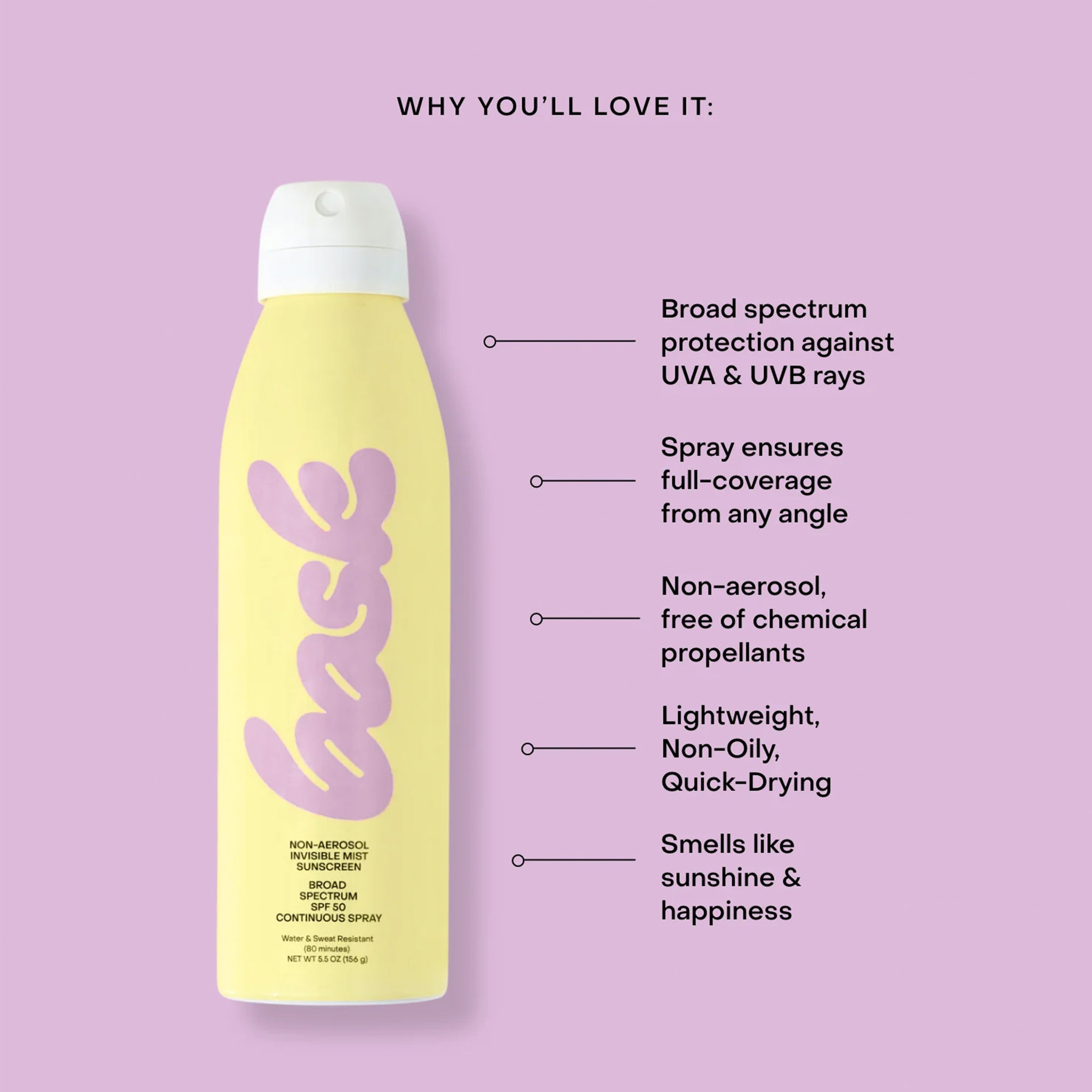A yellow bottle of spray sunscreen with pink text that reads, &quot;bask&quot;.