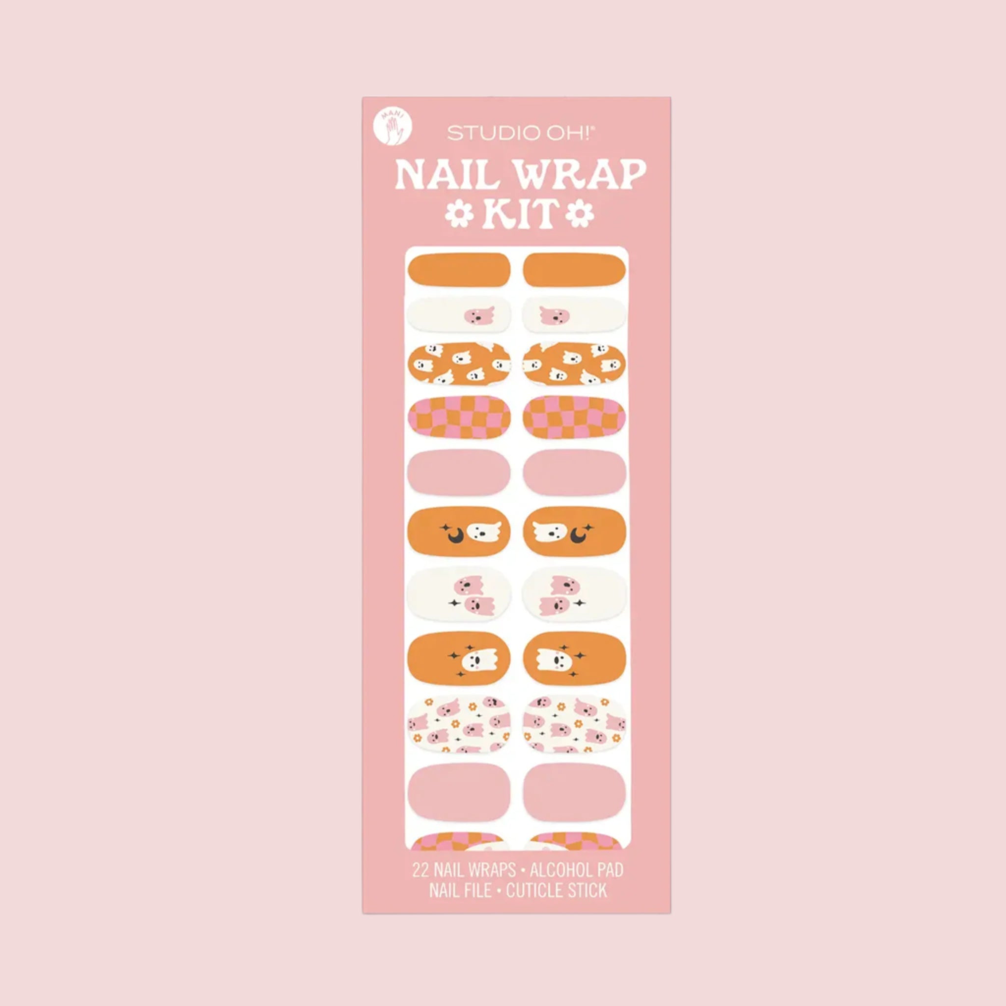 A set of pink, orange and white nail stickers with ghost designs. 