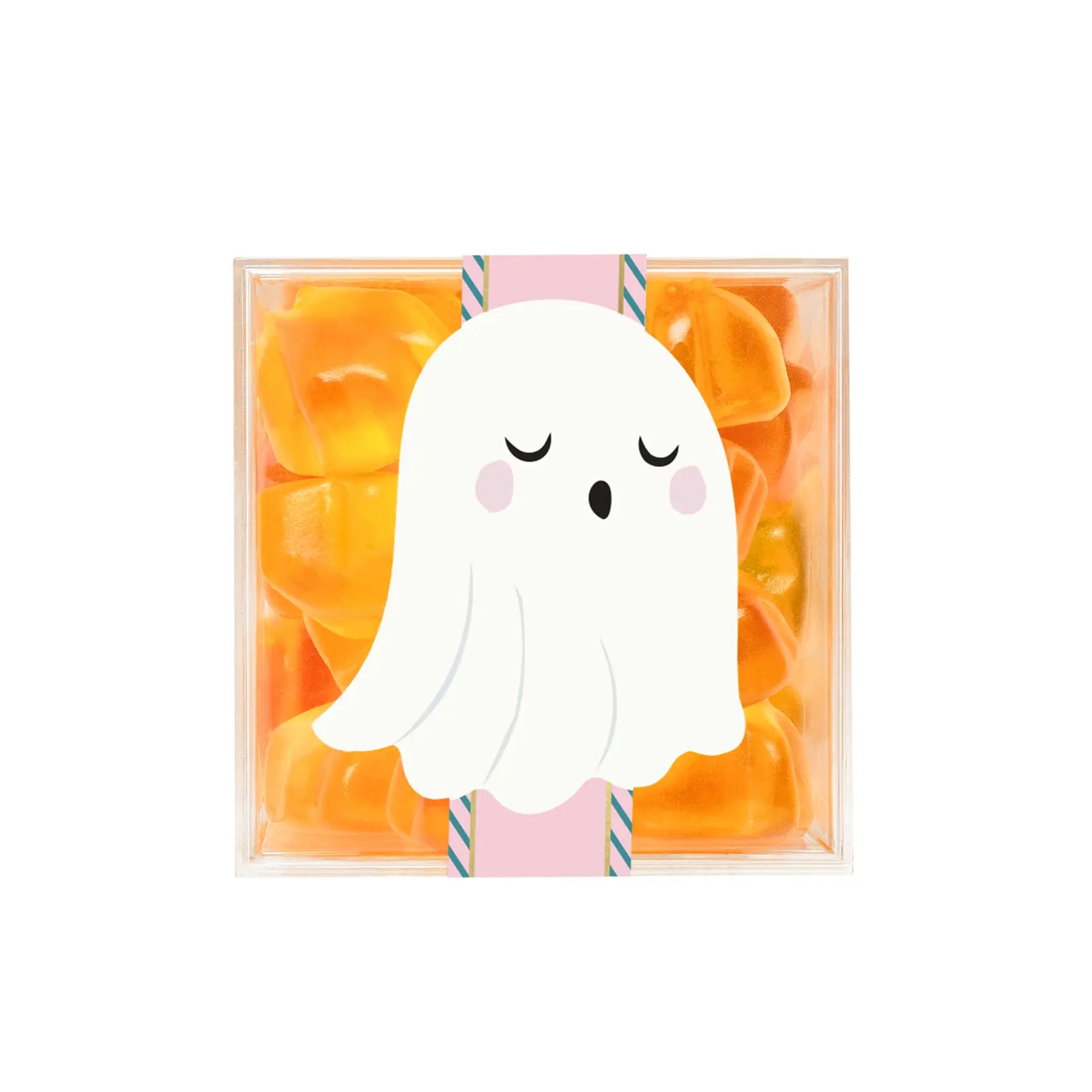 A clear acrylic box of orange and yellow ghost shaped gummy candies. 