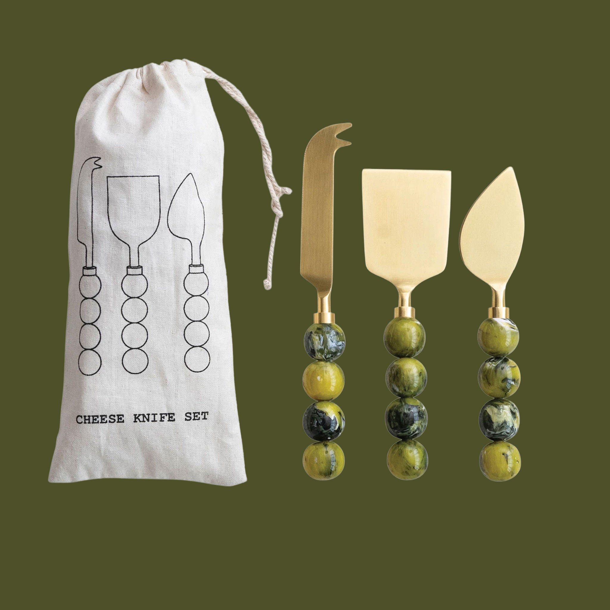 A set of three cheese knives with gold hardware and green marble resin handles.