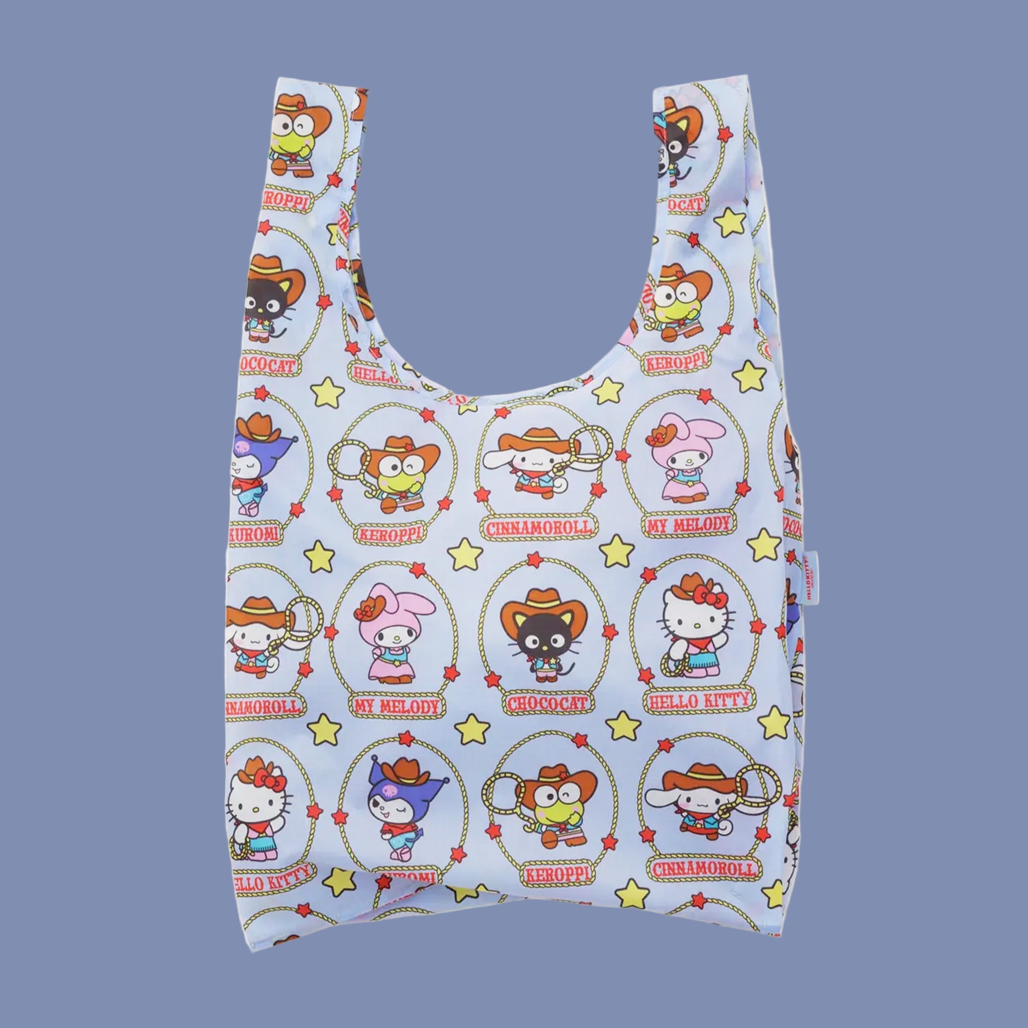 A nylon tote bag with a hello kitty and friends western pattern. 