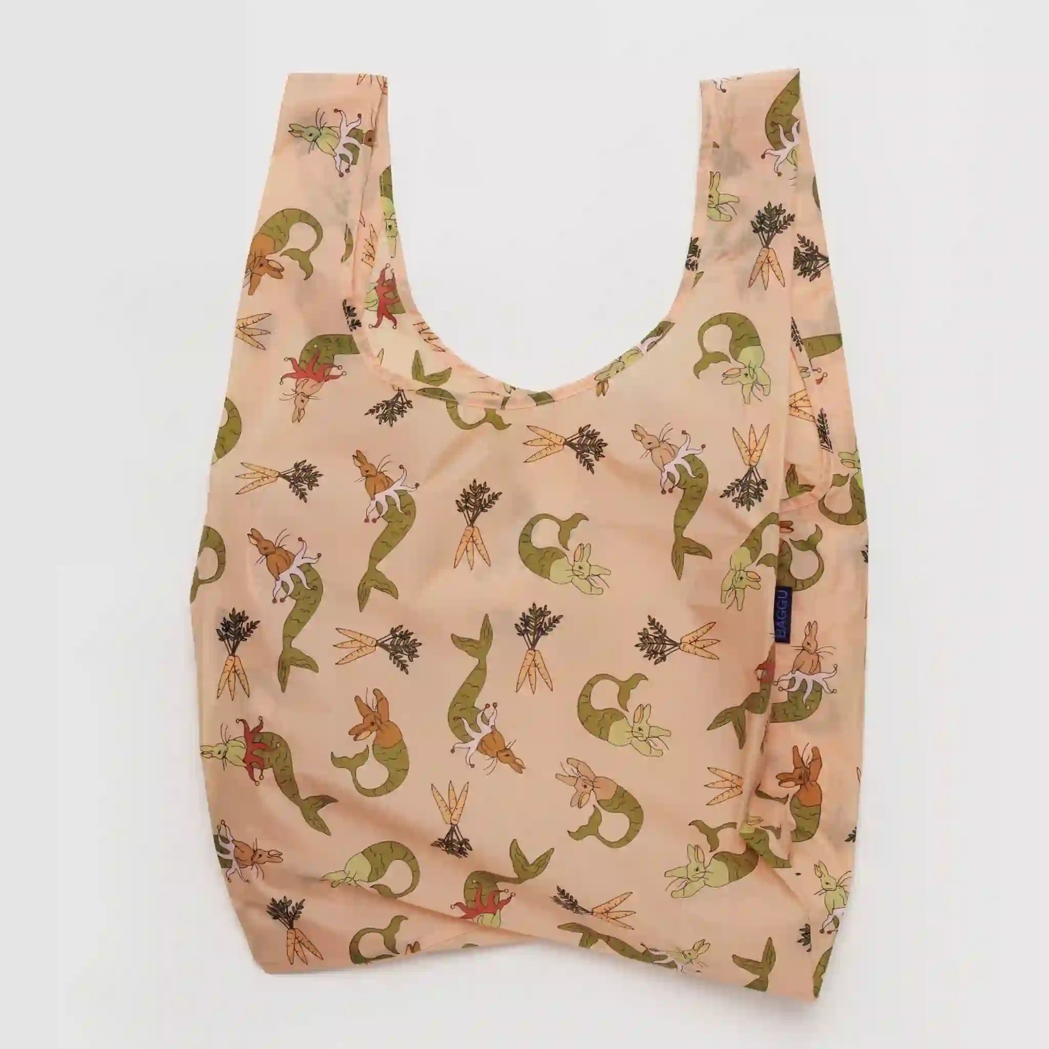 A tan nylon bag with a mermaid bunny print all over. 