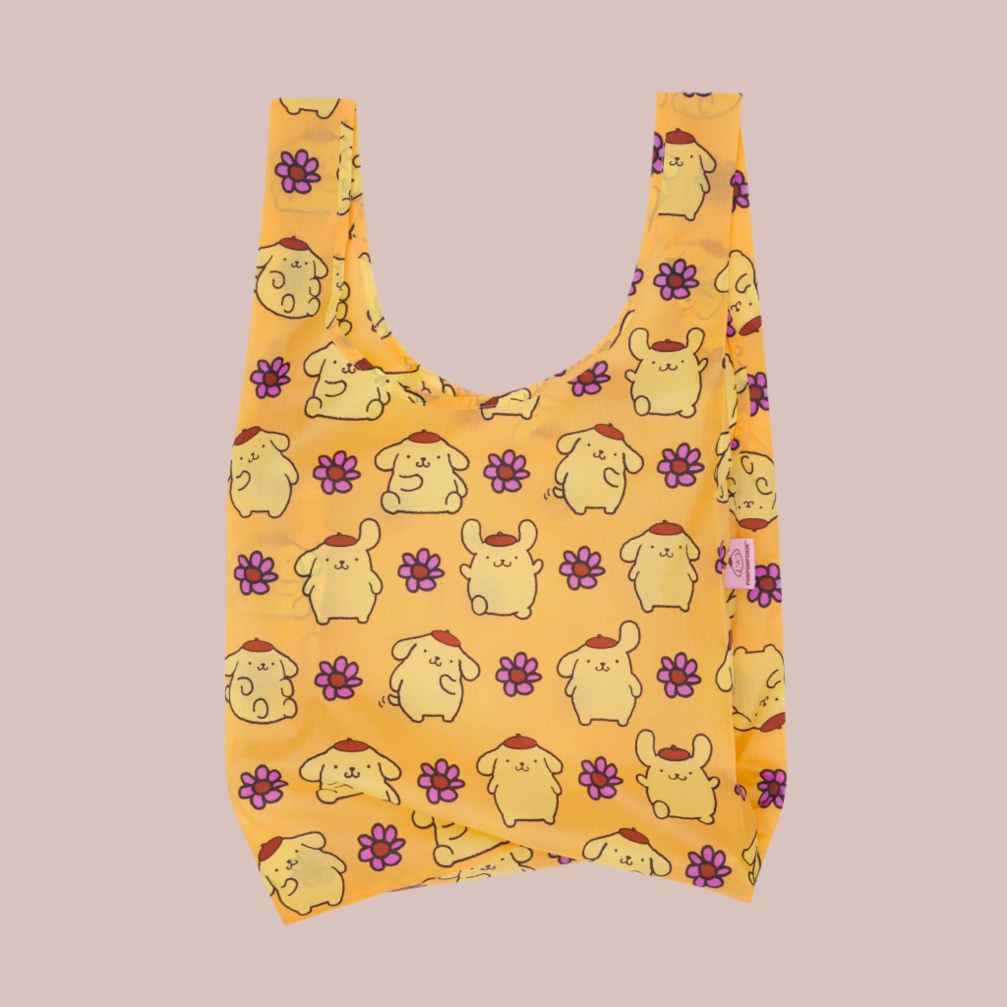 A yellow nylon tote bag with a Pompompurin pattern. 