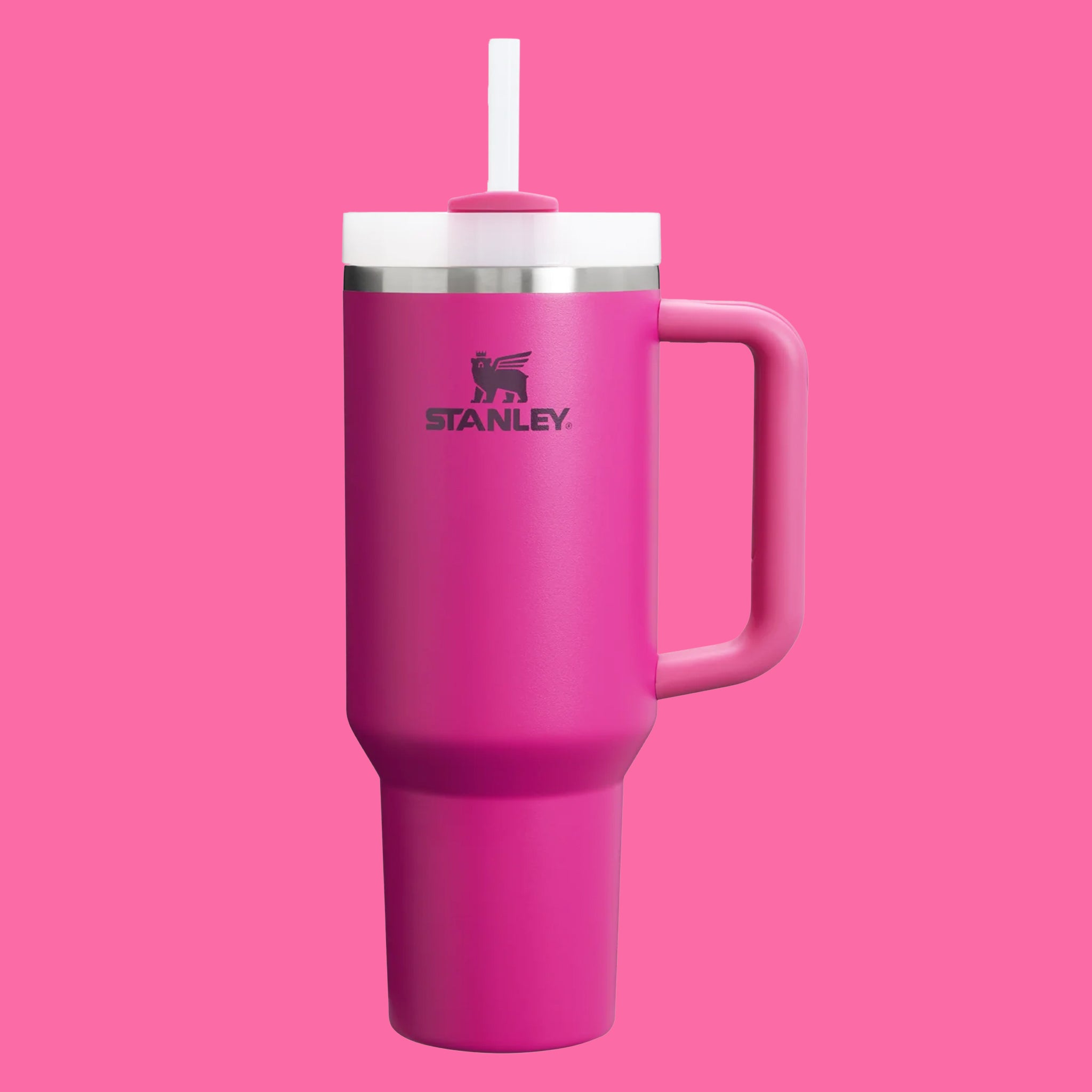 On a pink background is a fuchsia pink water bottle with a handle and a straw. 