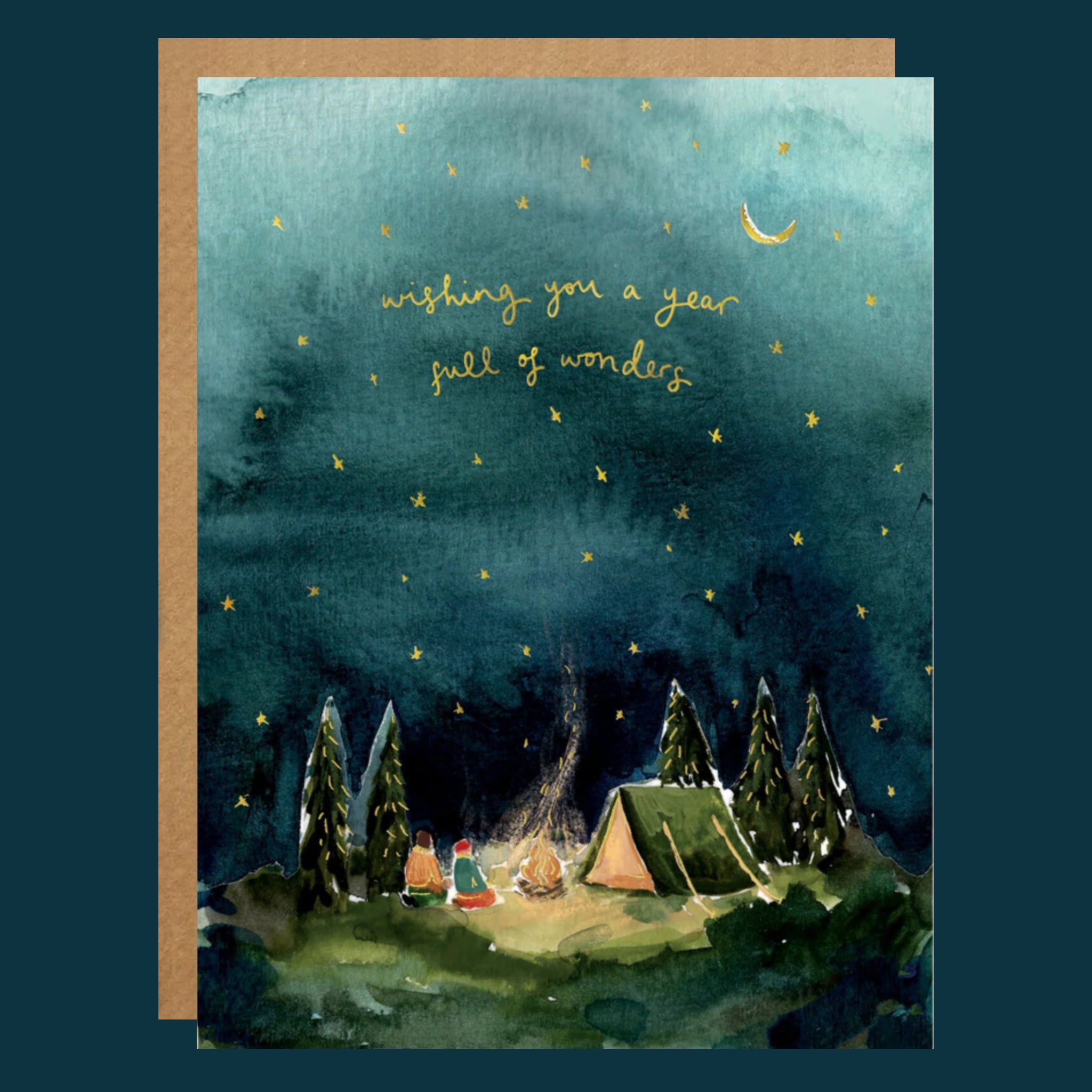 A blue card with an illustration of a camping site with text that reads, &#39;wishing you a year full of wonders&#39;. 