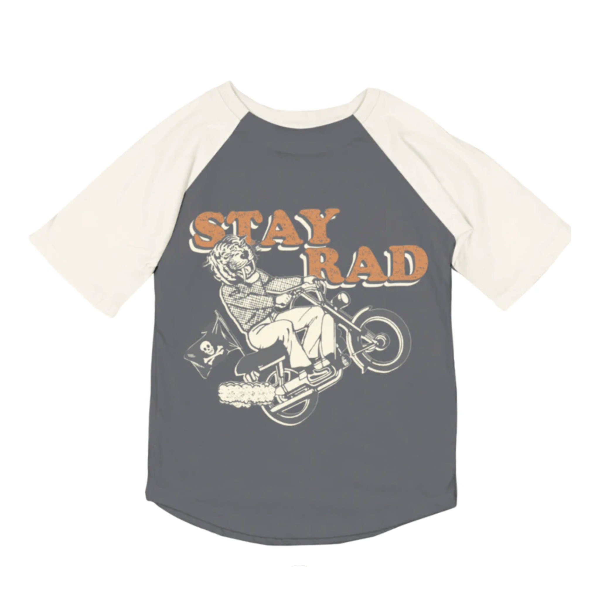 On a white background is a vintage faded black t-shirt for children with ivory short sleeves and a graphic of a tiger riding a motorcycle and text above it that reads, &quot;Stay Rad&quot;. 