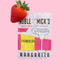 On a pink background is a hot pink and light pink packet of cocktail mix that reads, "Noble Micks Single Serve Craft Cocktails Strawberry Margarita".
