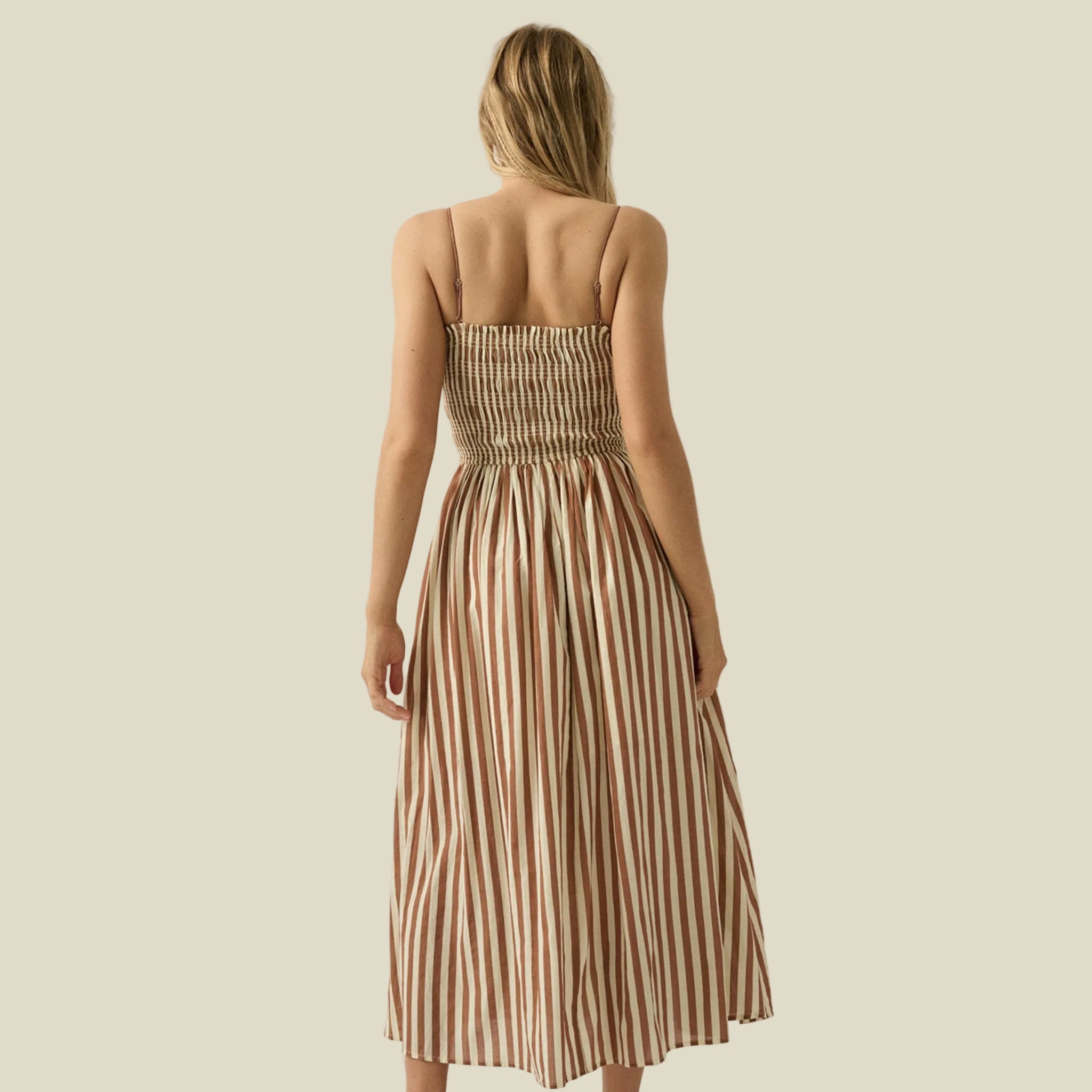 Striped Smocked Midi Dress | Taupe Pigment Striped Smocked Midi Dress | Taupe Pigment