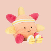 Plush toy with a sun-shaped body, pink and yellow accents 