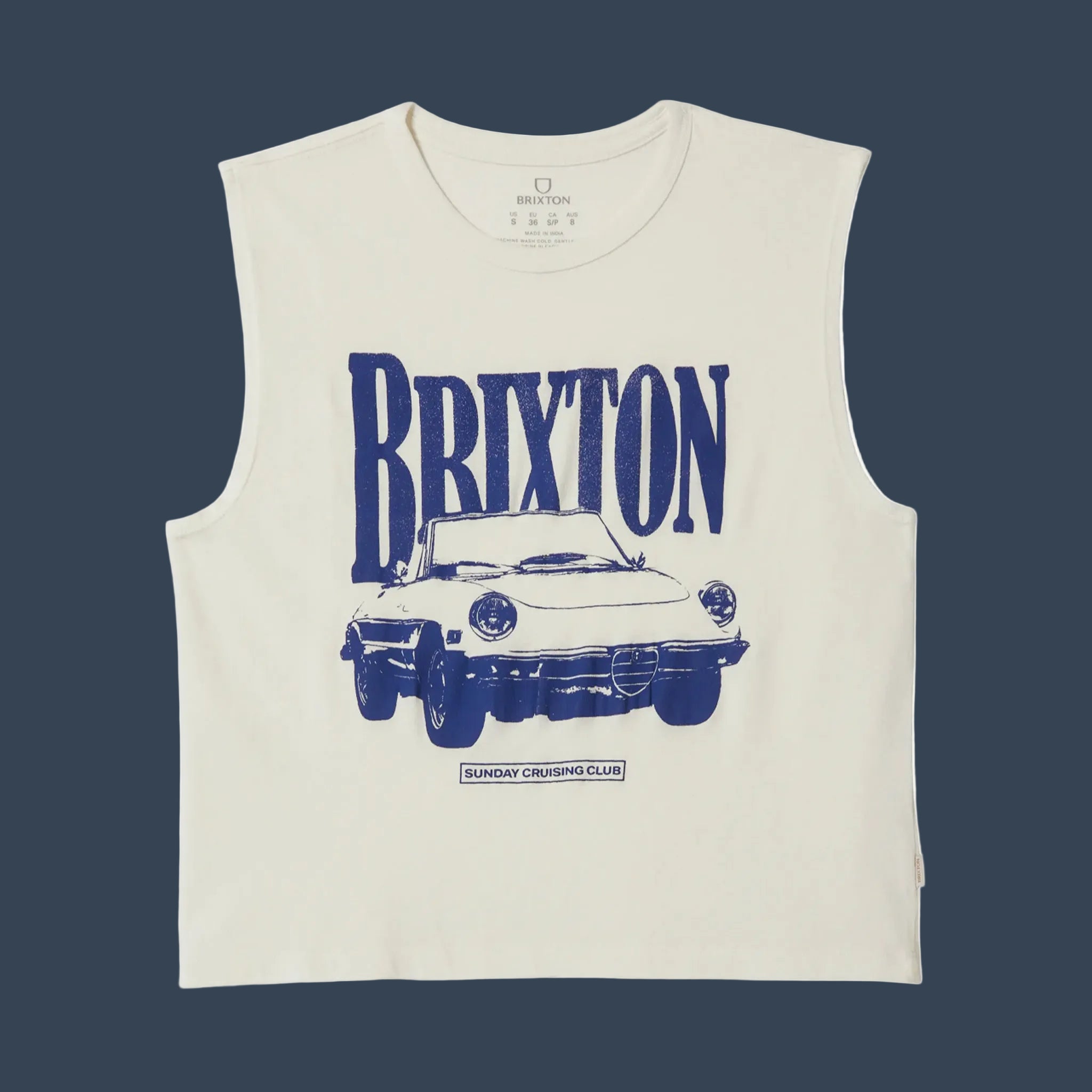 A white muscle tee tank top with blue text that reads, "Brixton" and a Porsche graphic. 