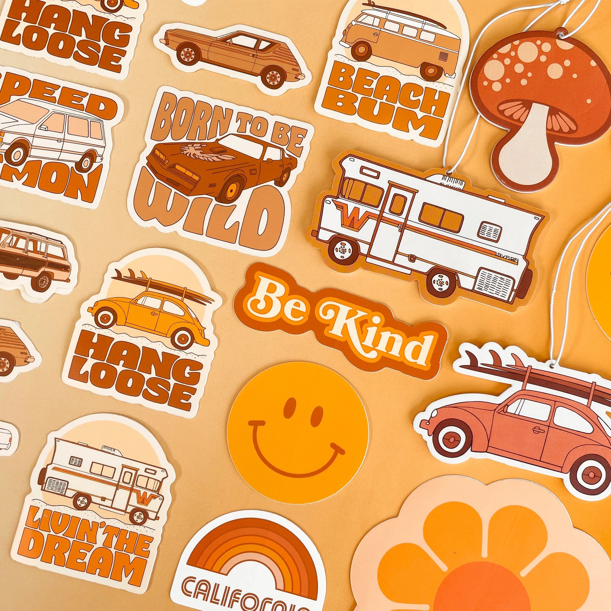 A variety of 70's inspired stickers and car air fresheners. 