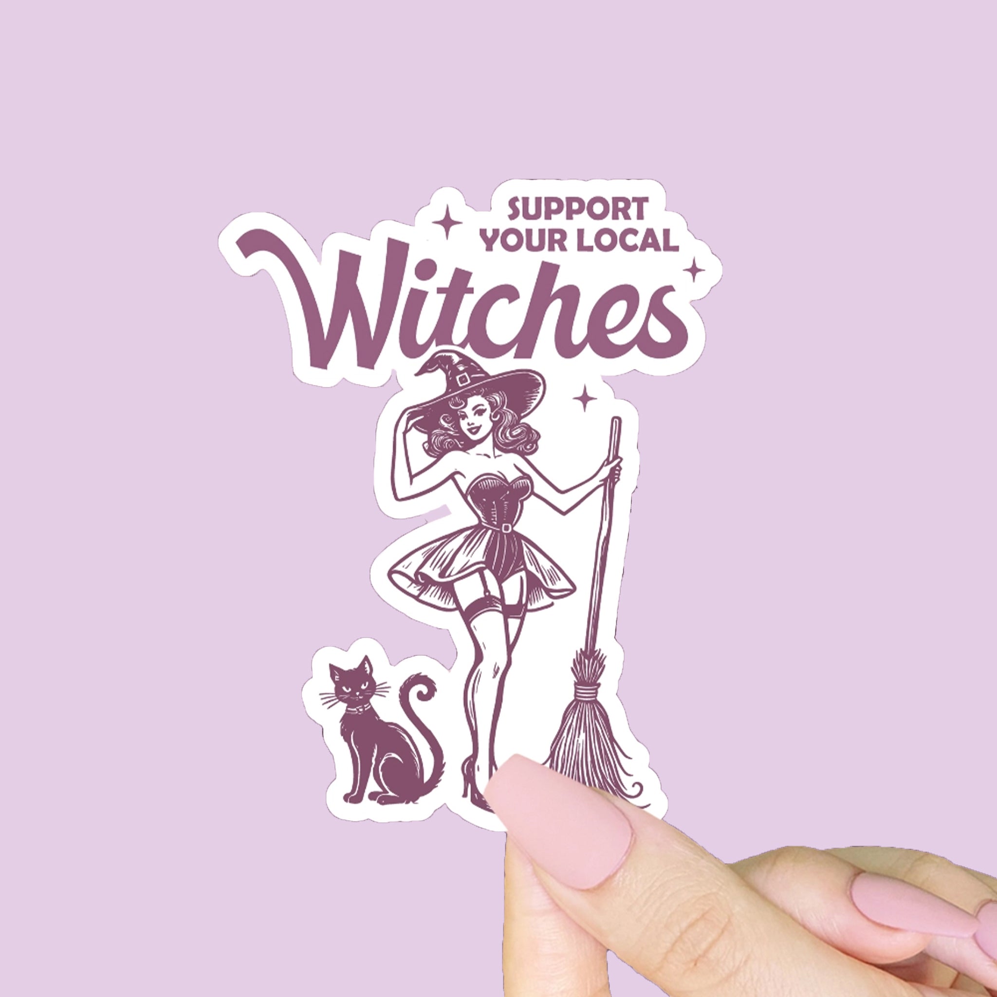 A white and purple sticker of a witch and a black cat with text that reads, 'Support your Local Witches'. 