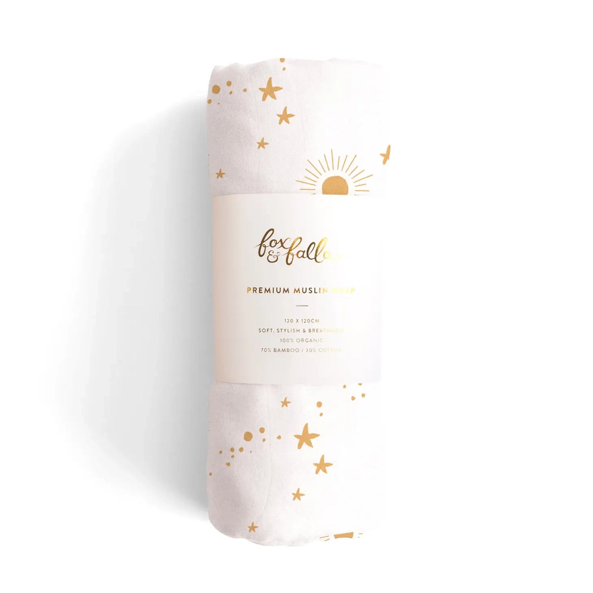 A neutral swaddle with a gold constellation print all over featuring moon and star designs.