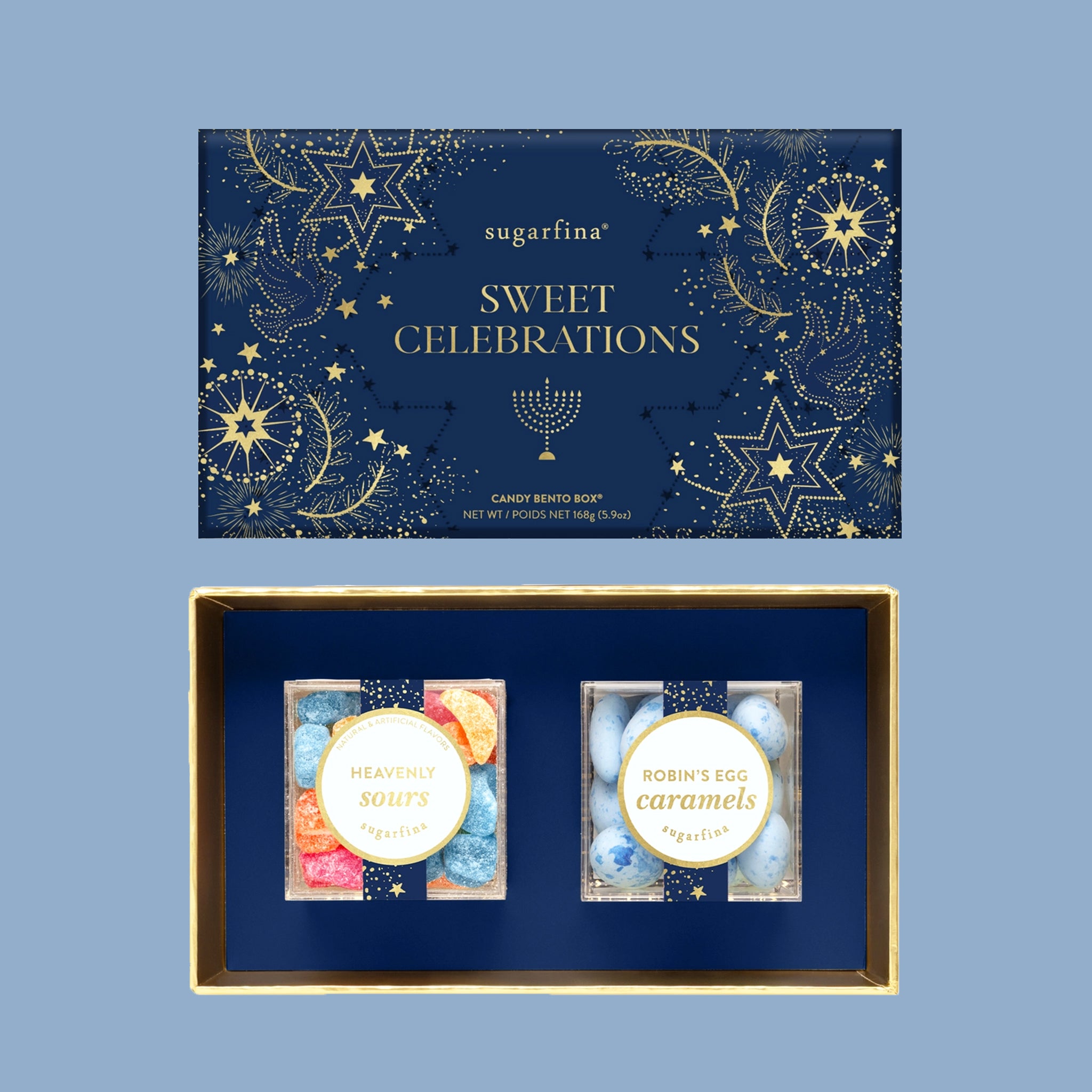 "sugarfina Sweet Celebrations" as well as two acrylic boxes of candies. 