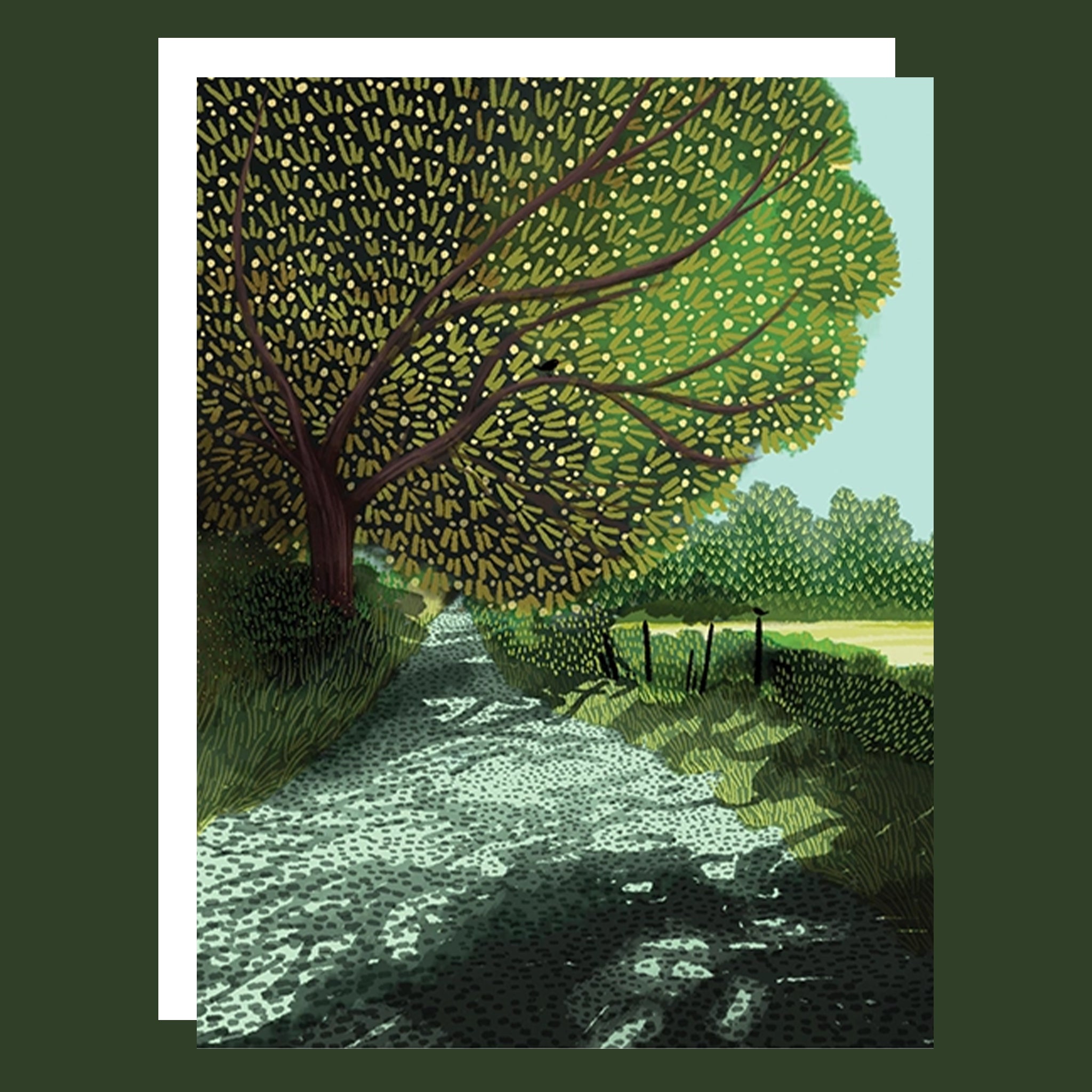 Greeting card of a big green tree in a garden. 
