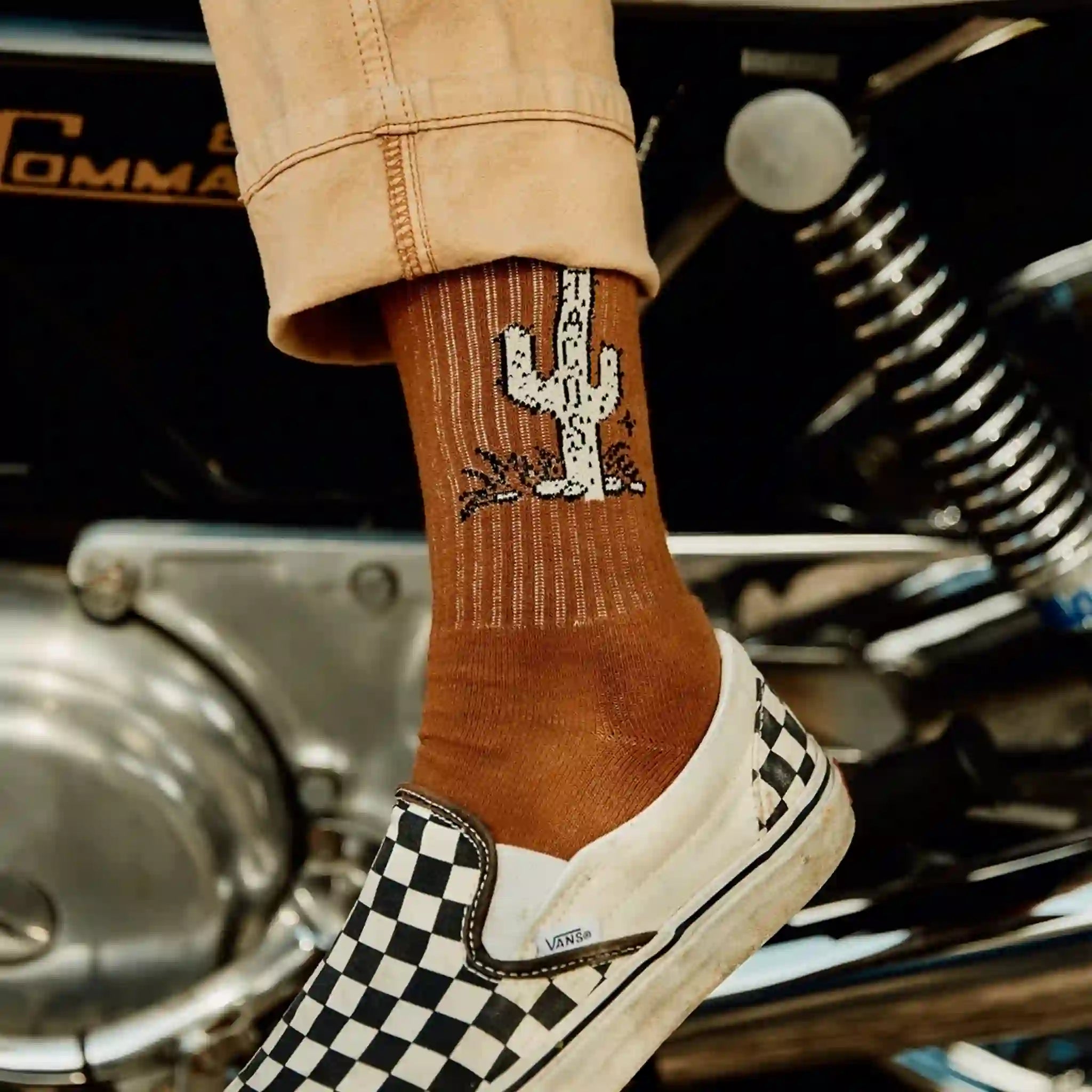 A model wearing a burnt orange / brown socks with a cactus graphic with &quot;Taco&quot; written down the side of the cactus. 