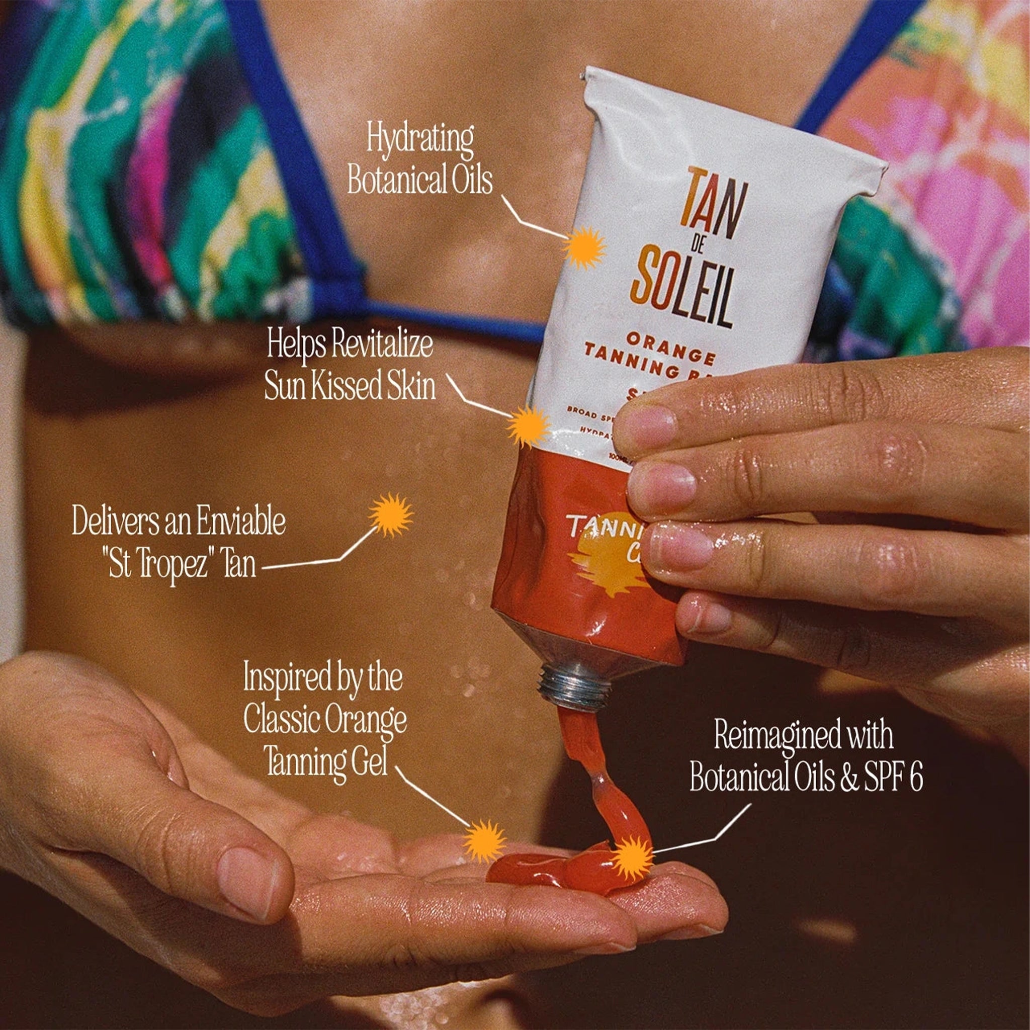 Person applying a tube of 'Tan Soleil' tanning gel to their hand with product details overlaid.