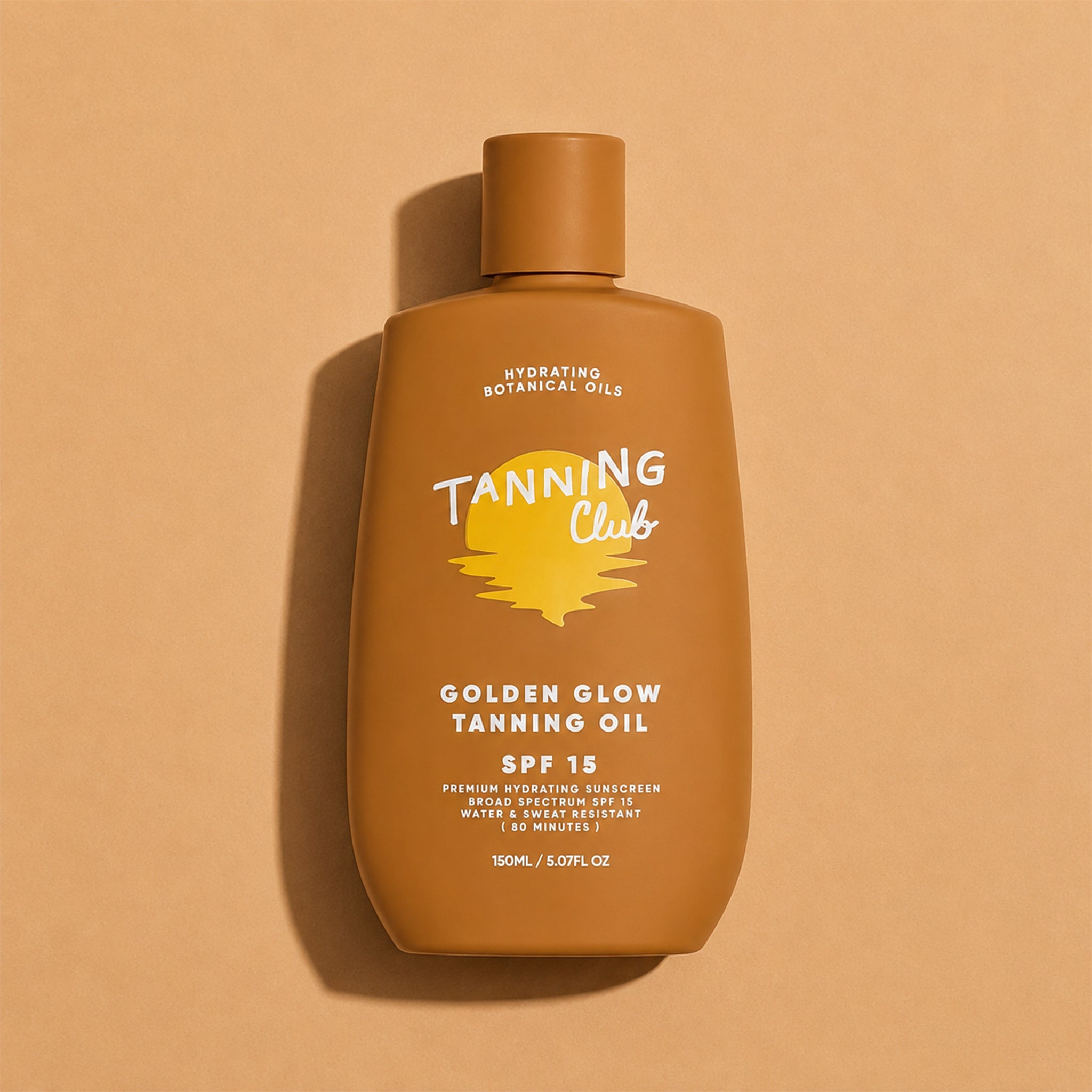 Tanning oil bottle with 'Tanning Club' branding on a beige background