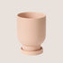 A peachy pedestal ceramic pot with a saucer for removal when watering. 