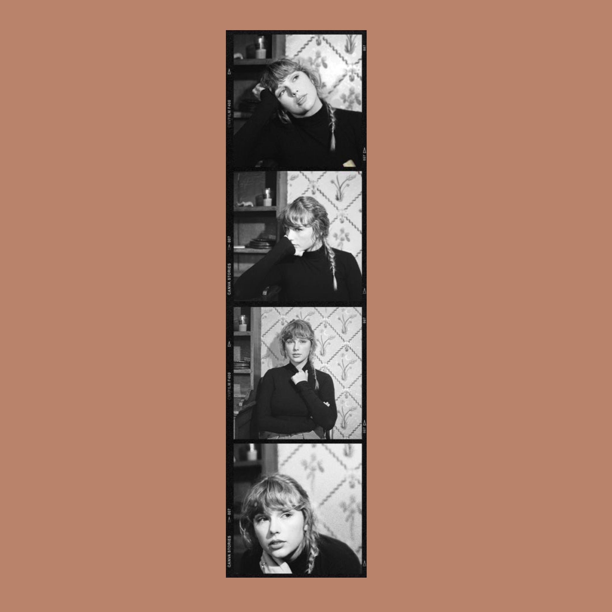 A photo strip shaped sticker with photos of Taylor Swift. 