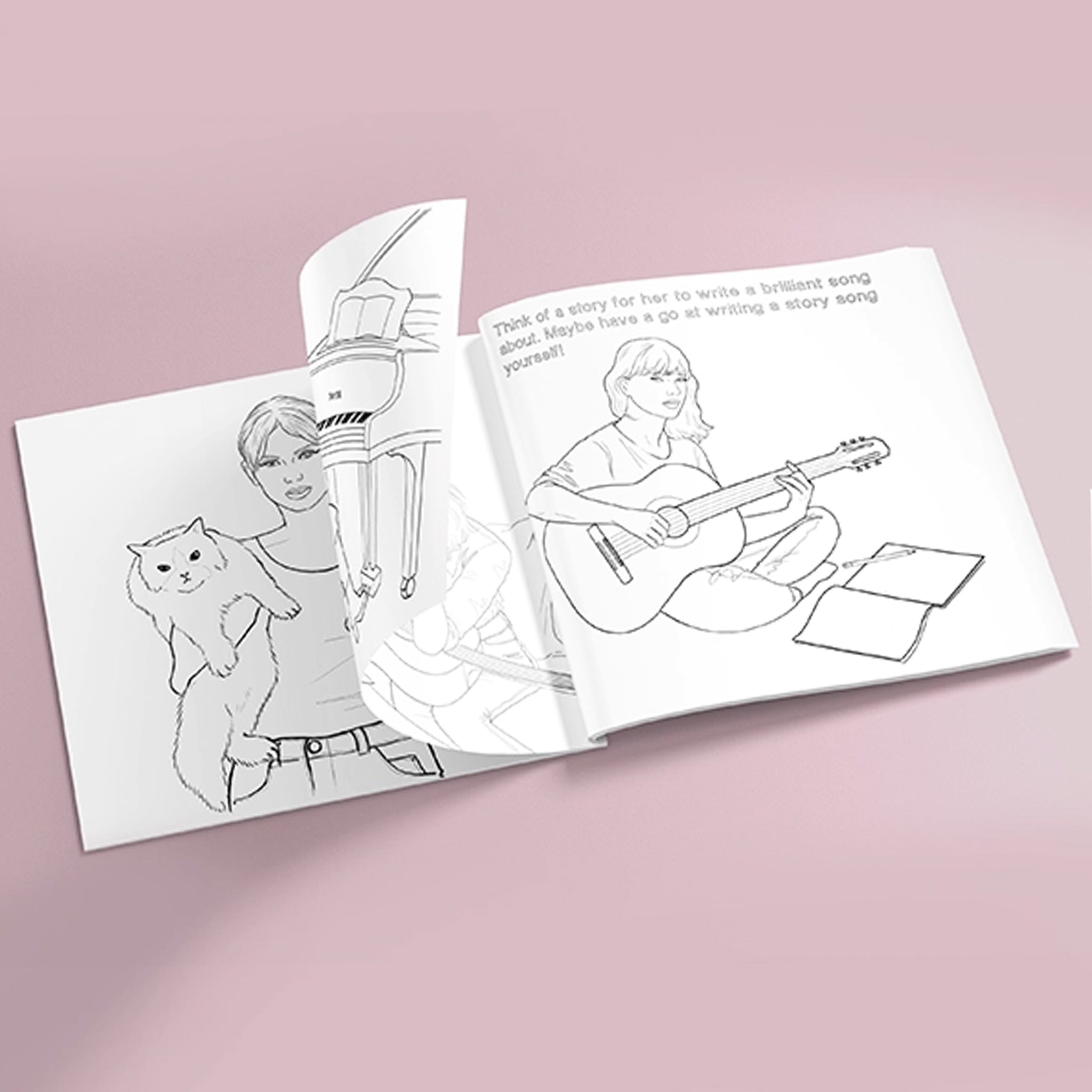 On a pink background is the coloring book open to a page showing some of the illustrations of Taylor in the book. 