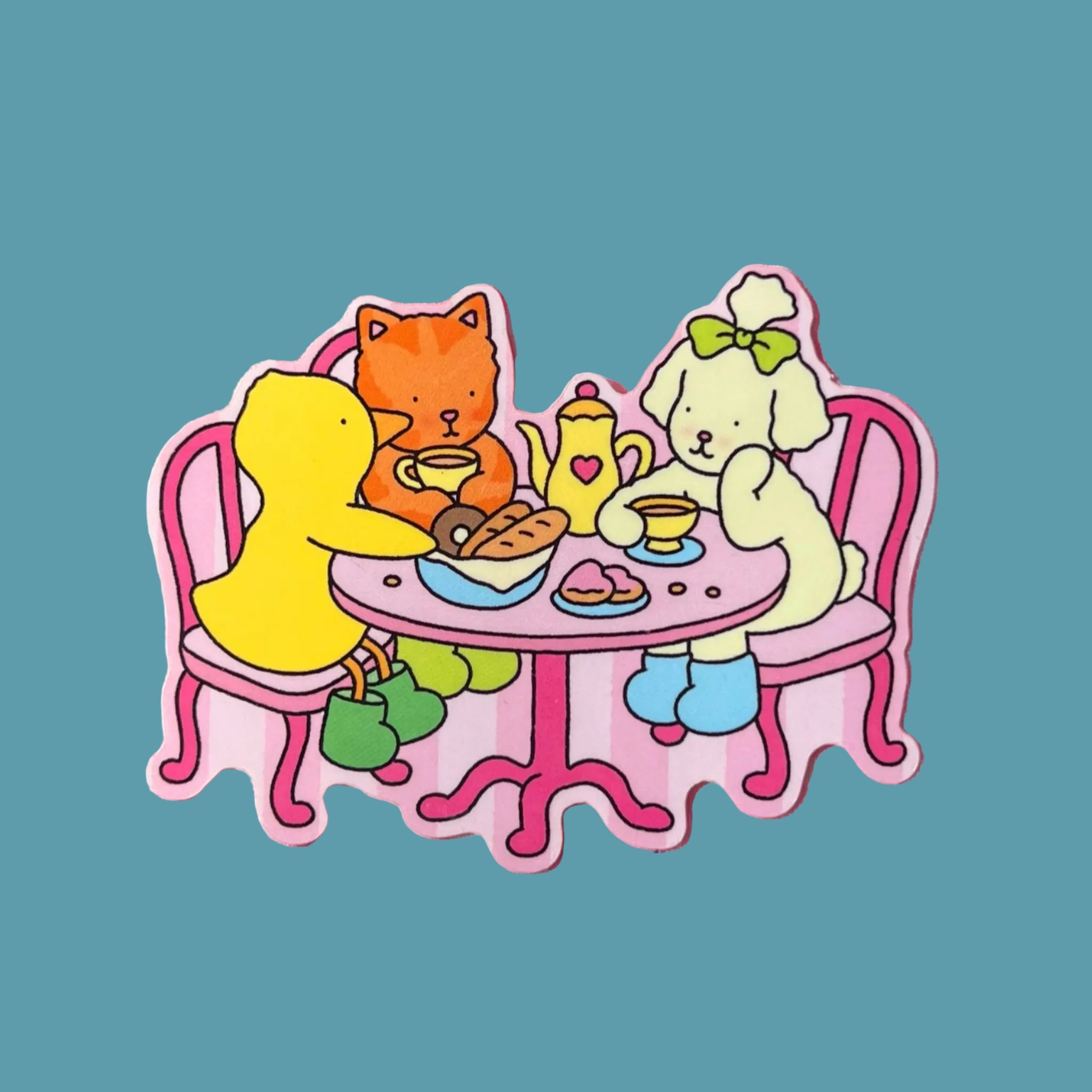 A sticker of a table full of bobbie goods characters drinking tea. 