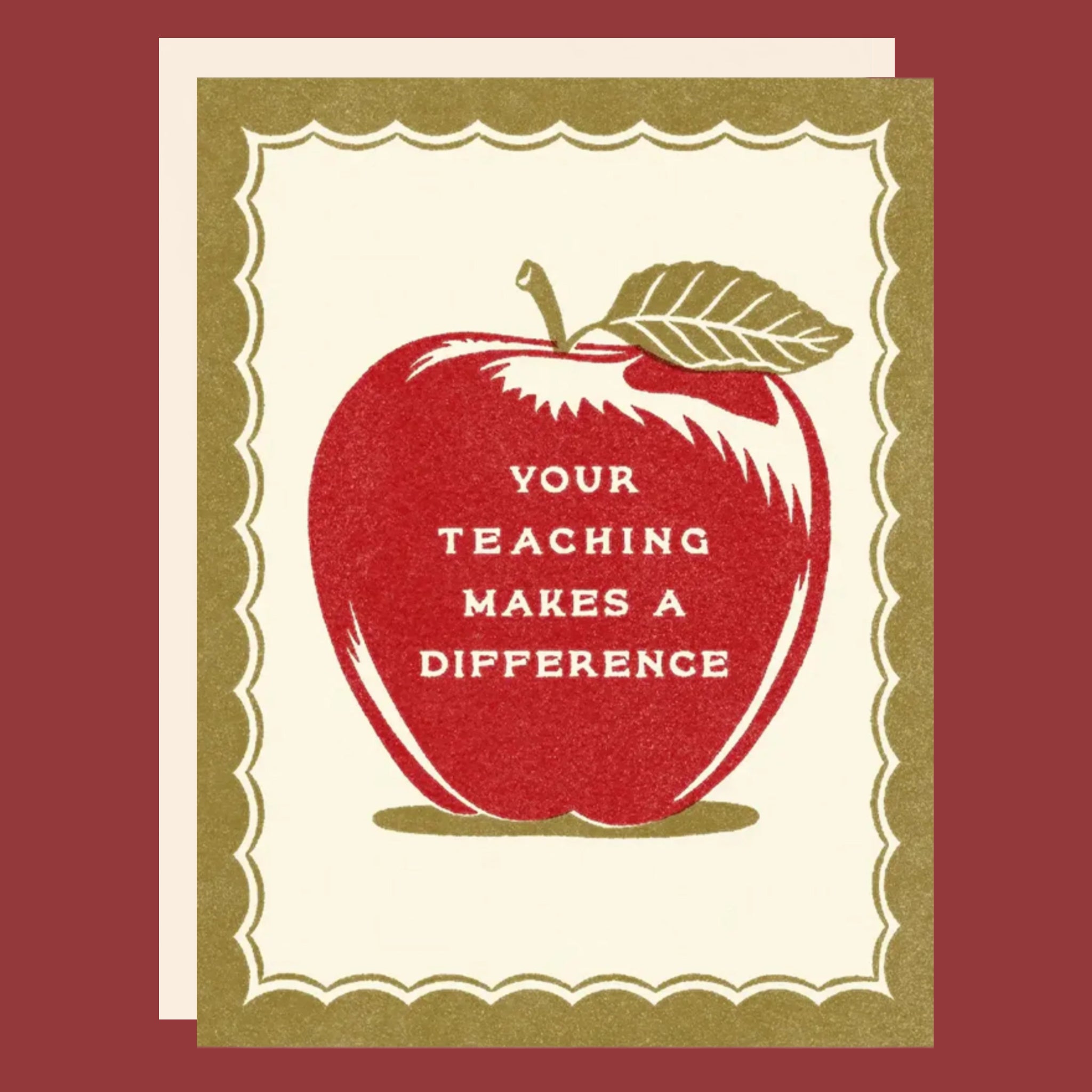 Card with a red apple and 'Your teaching makes a difference' text on a maroon background