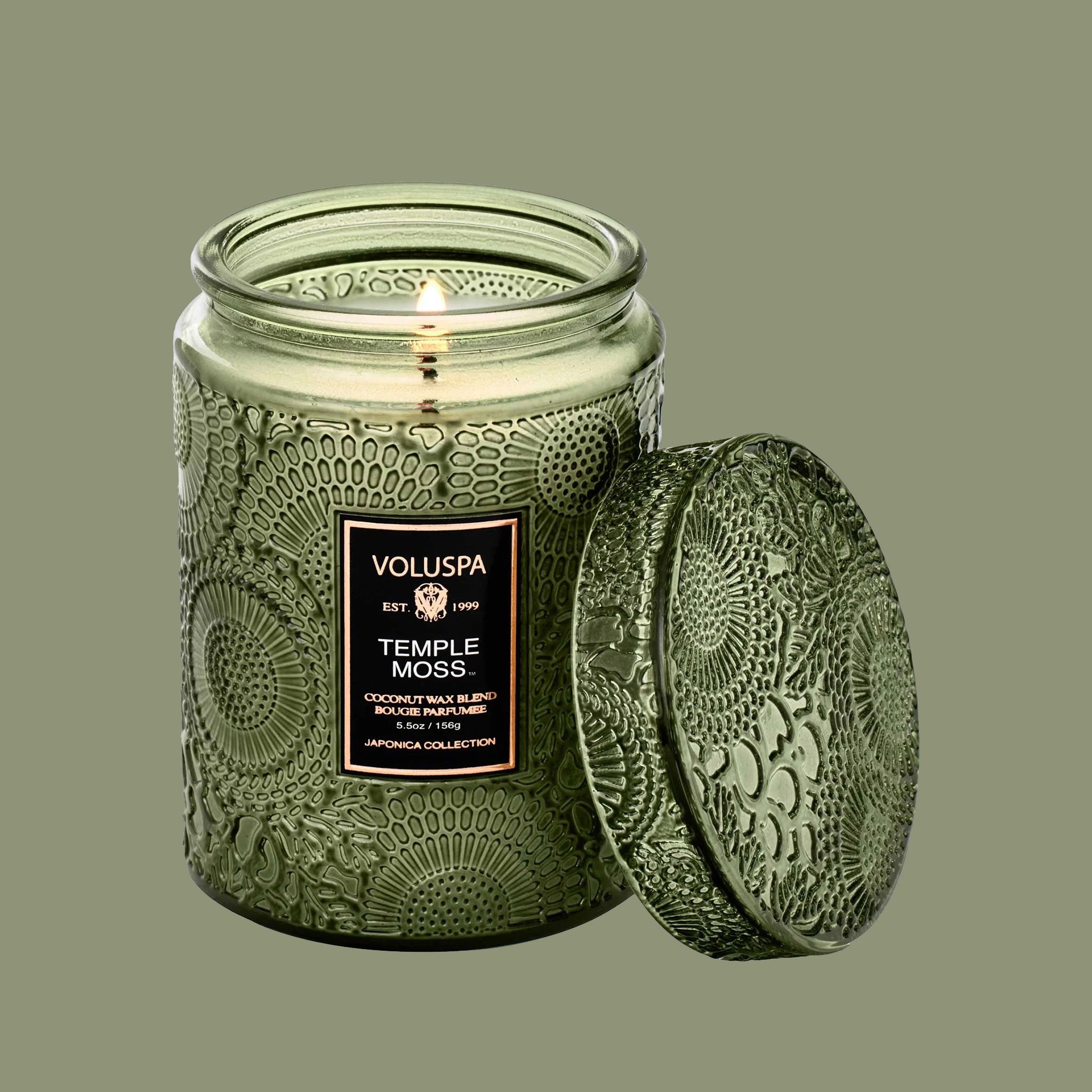 On a green background is a green decorative jar candle with a black label in the center that reads, "Voluspa Temple Moss".