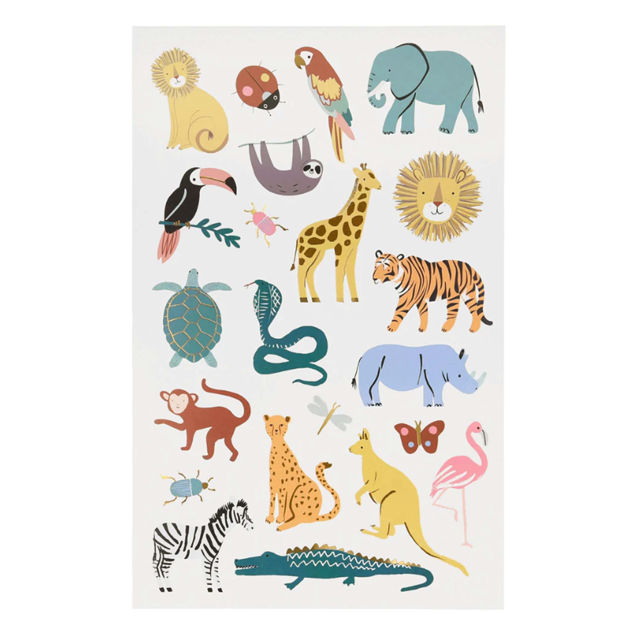 On a white background is a sheet of temporary tattoos shaped like wild animals. 