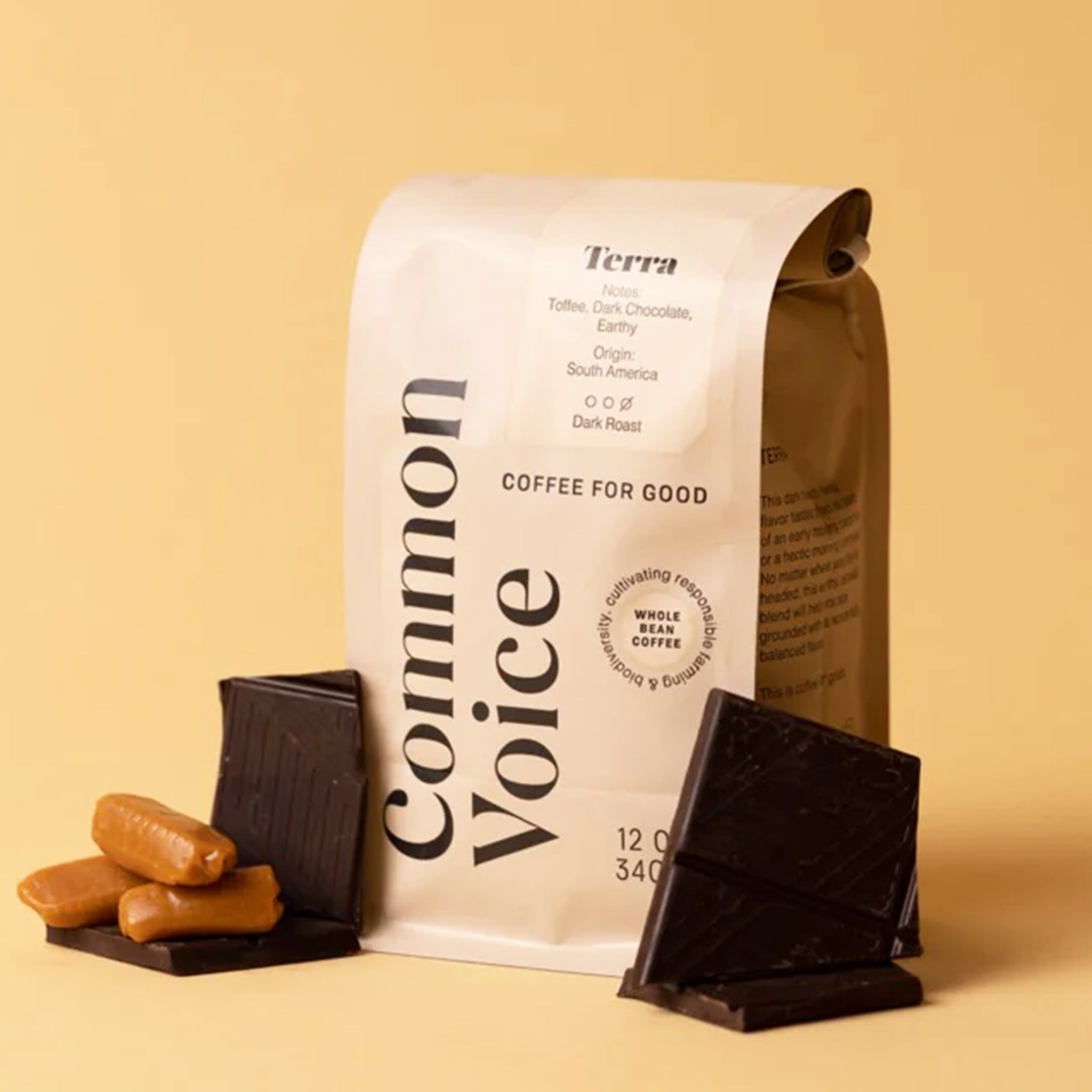 A bag of coffee in a neutral package with black text that reads, "Common Voice". 