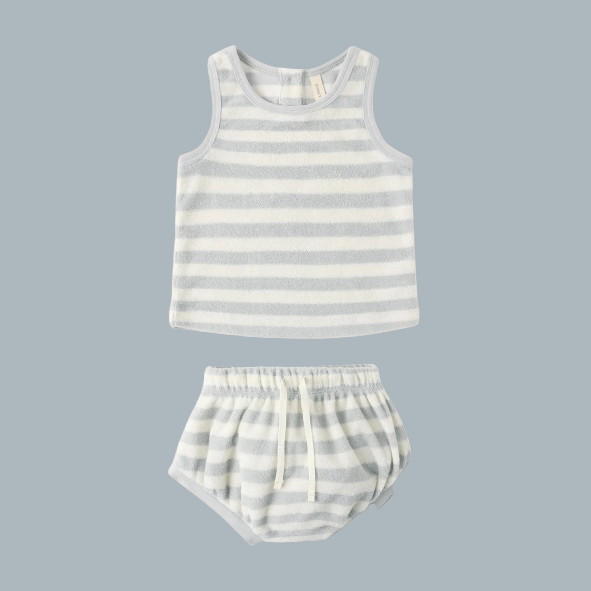 A light blueish grey terry cloth tank and bloomer set. 
