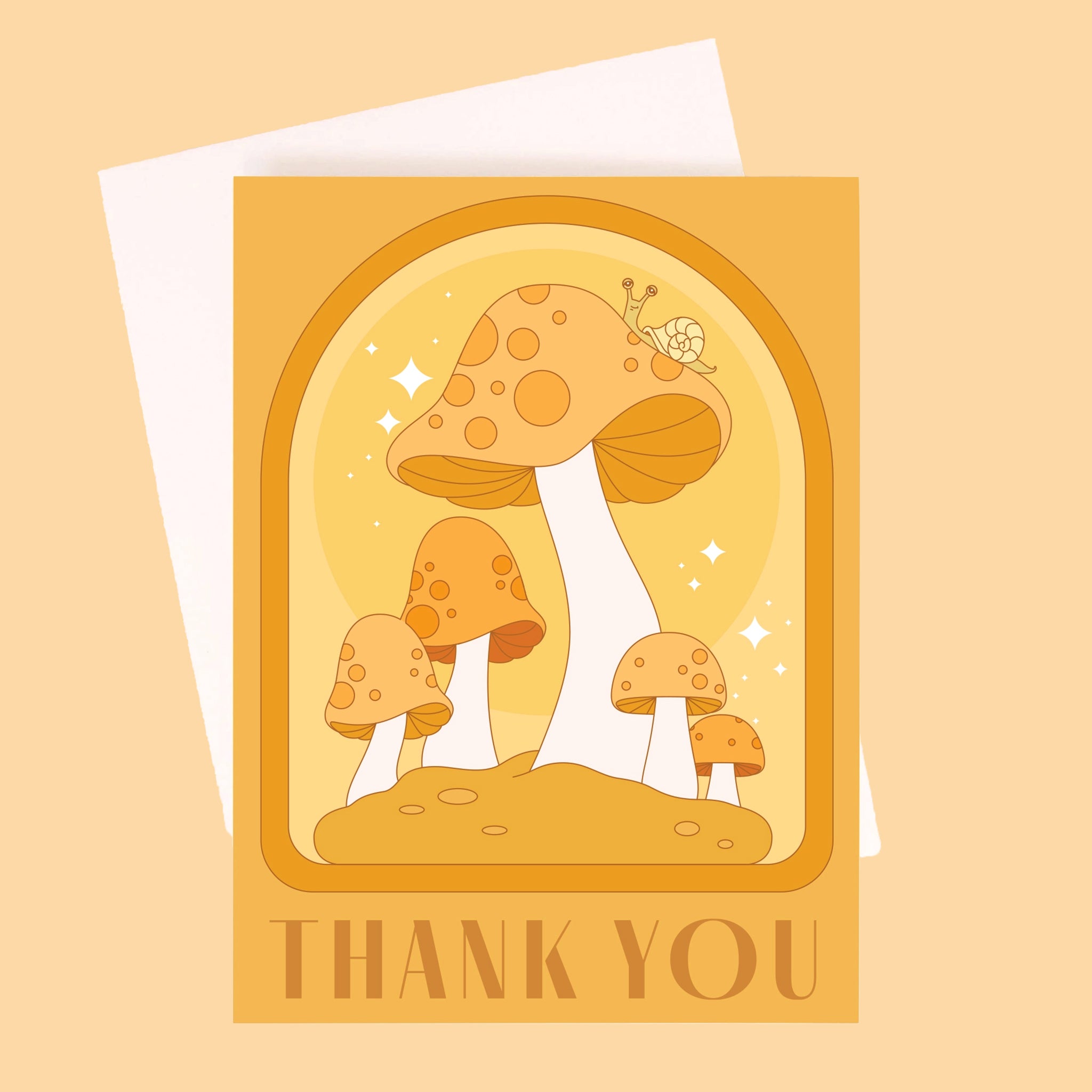 On a yellow background is an orange greeting card with an arched design, mushroom illustrations with a little snail on top of the largest one and text along the bottom that reads, "Thank You".