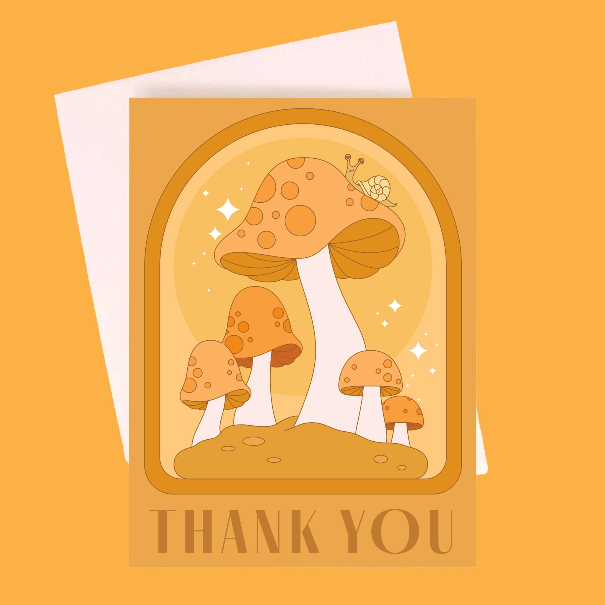 On a yellow  background is an orange greeting card with an arched design, mushroom illustrations with a little snail on top of the largest one and text along the bottom that reads, "Thank You".