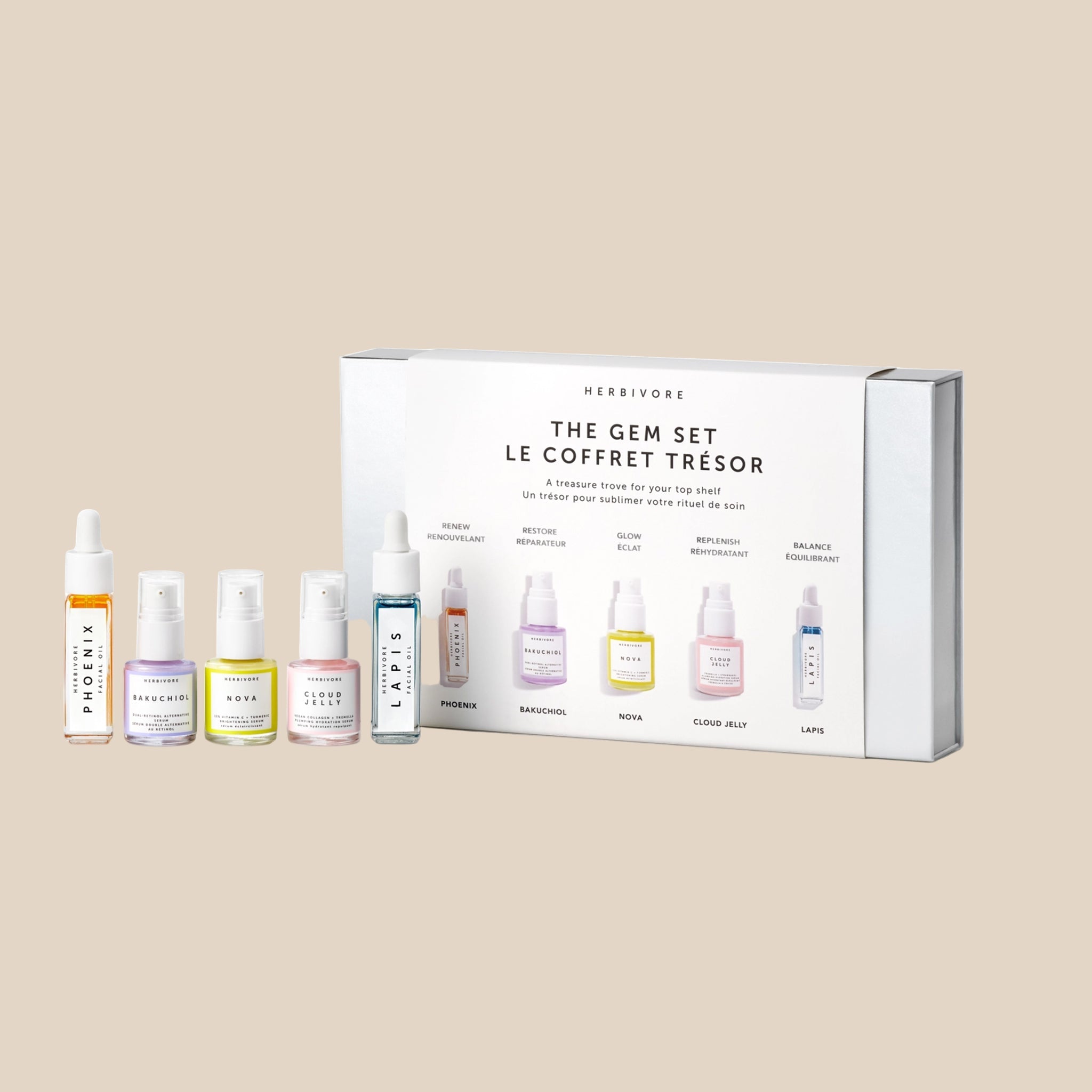 "The Gem Set Renew Restore Glow Replenish Balance". 