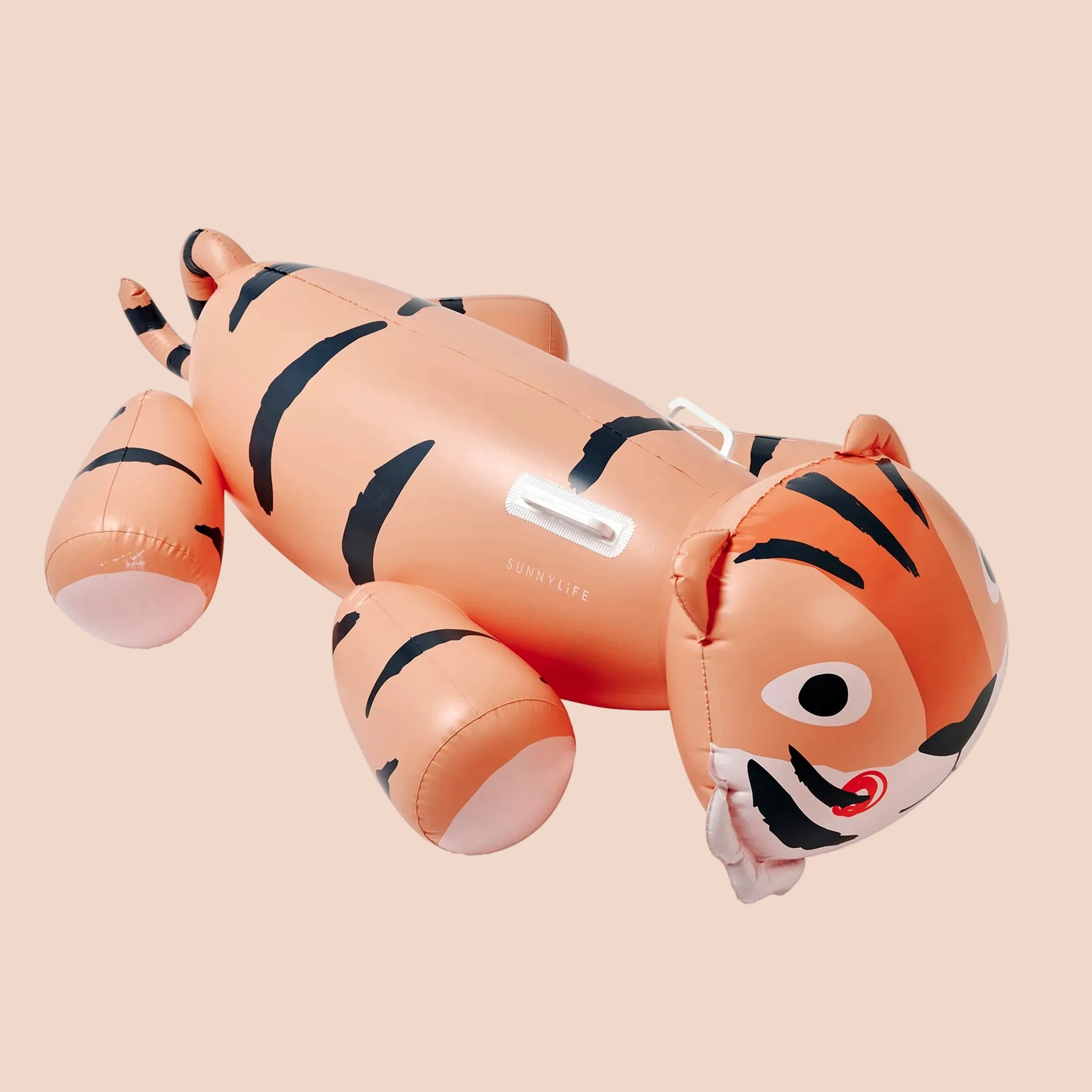 An orange and black striped tiger shaped ride on pool float for children. 