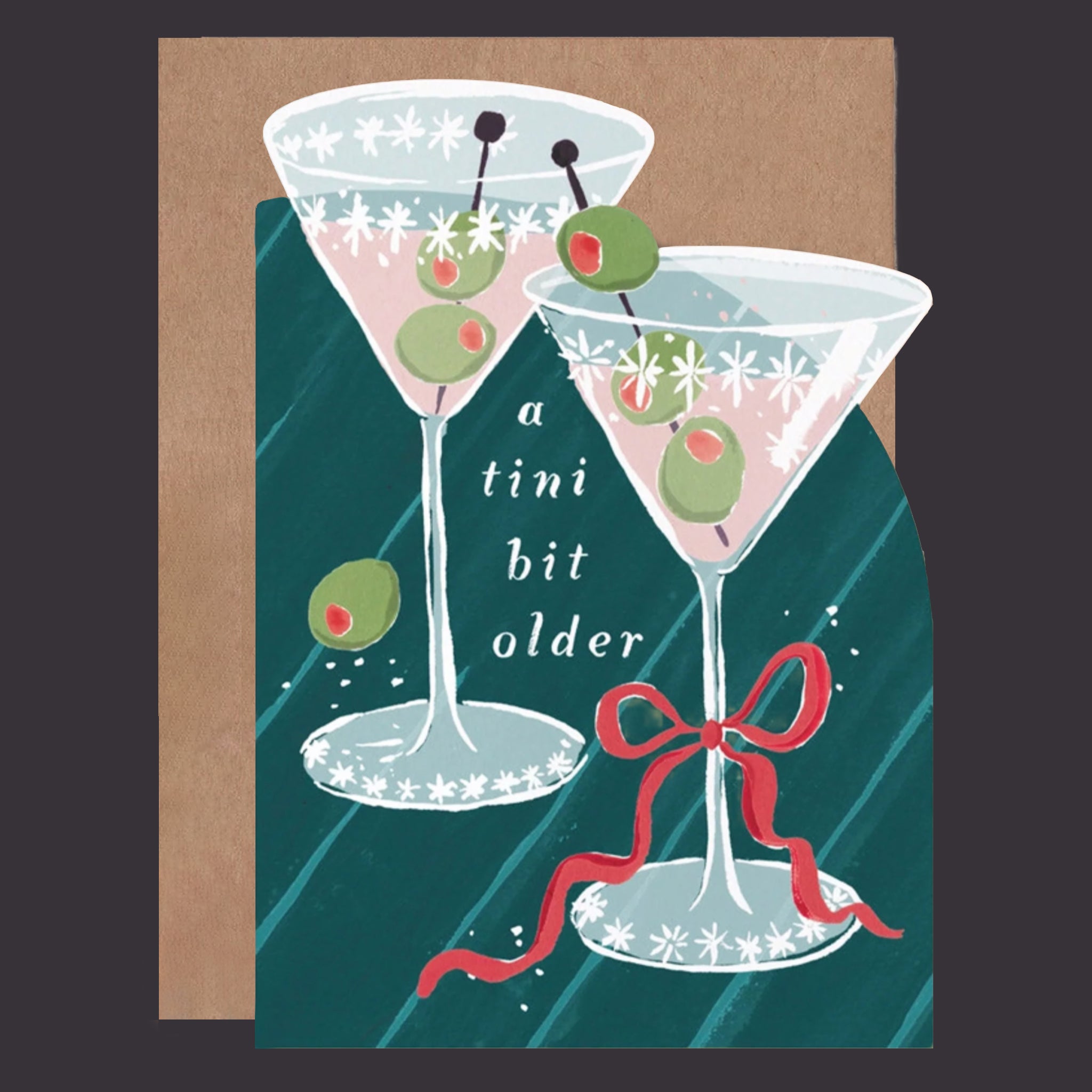 Greeting card with illustration of two martini glasses and olives on a green background.