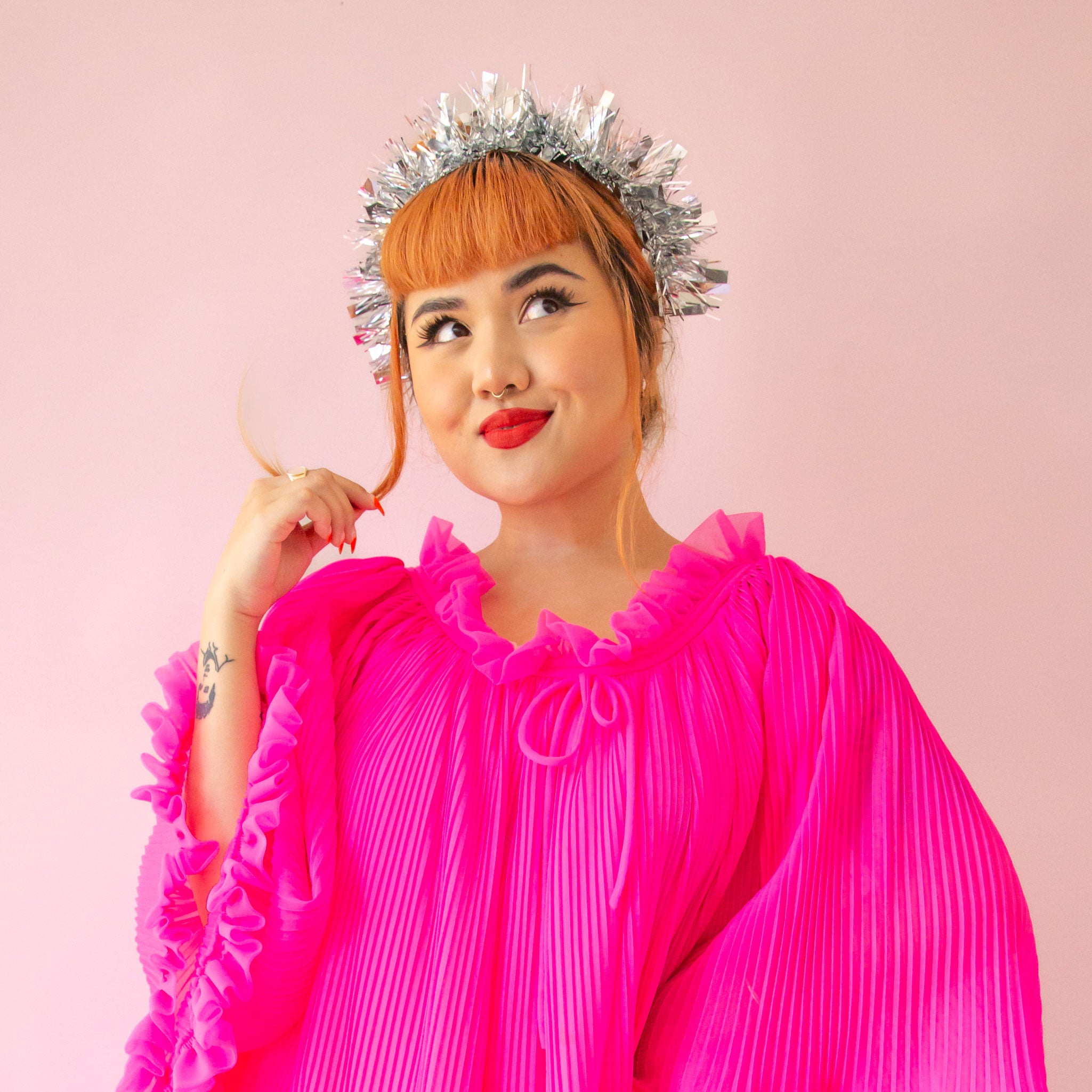 A silver tinsel headband.